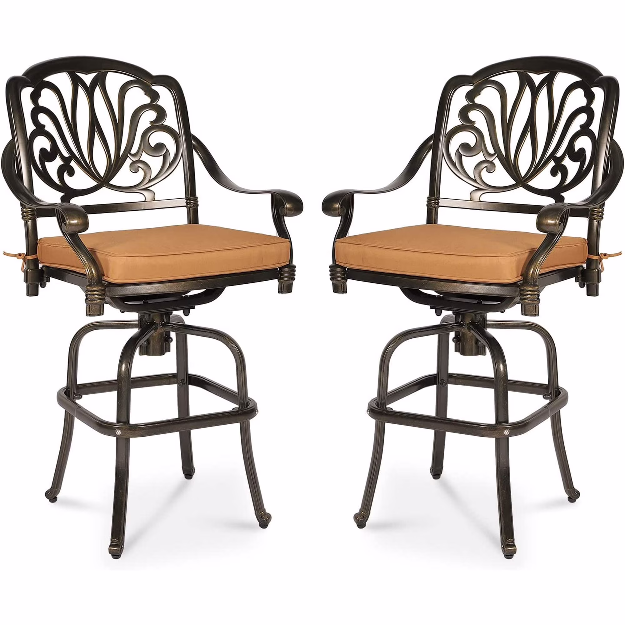 MEETWARM 2 Piece Outdoor Patio Swivel Bar Stools, All-Weather Cast Aluminum Bar Height Bistro Chairs, Outdoor Furniture Bar Dining Chair Set with Cushions for Garden Deck Backyard, Dark Bronze