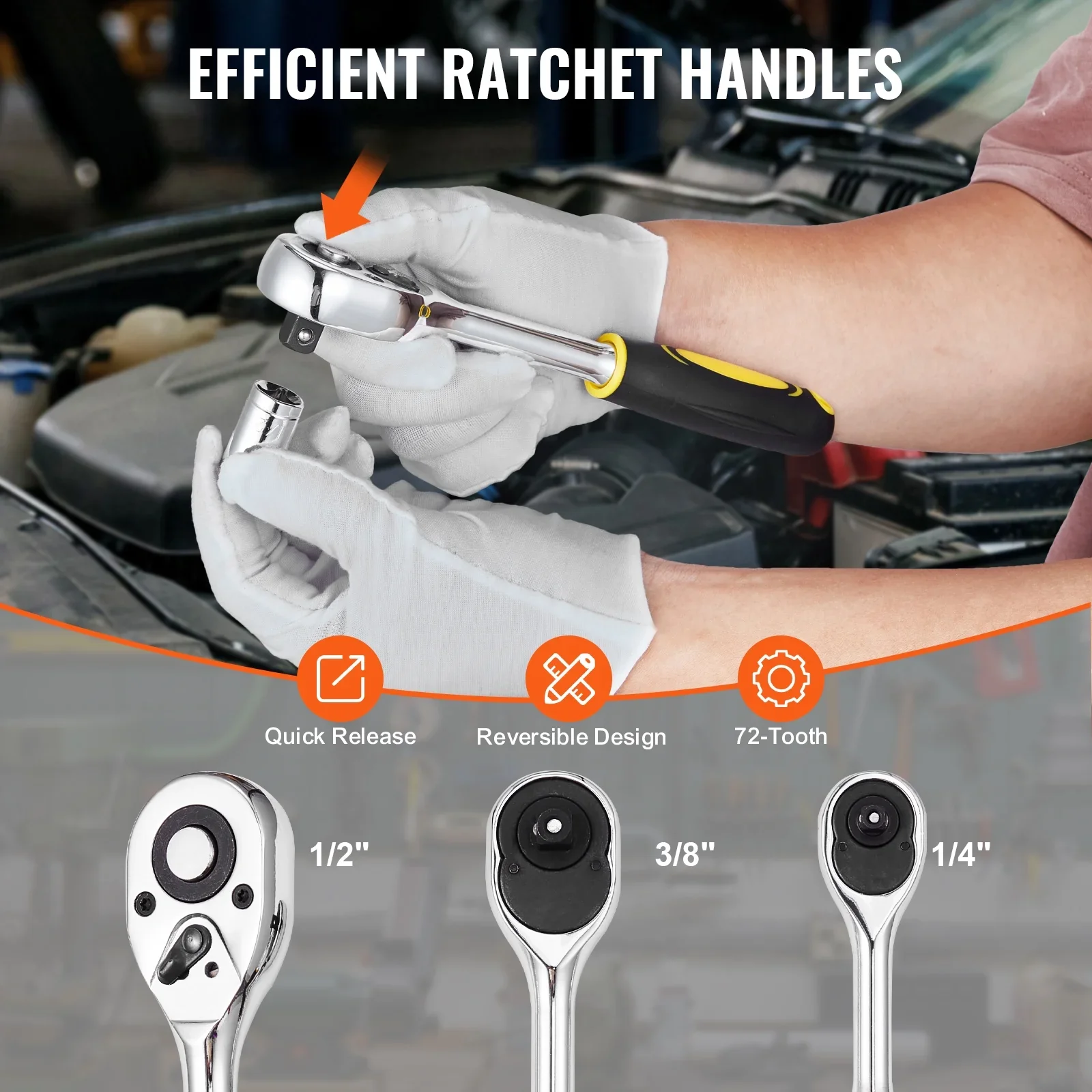 KFFKFF 207-Component Mechanics Tool Set and Socket Set, 1/4 3/8 1/2 Drive Sockets, SAE and Metric Mechanic Tool Set with Bits, Spanners, Ratchet Handle, Add-ons, and Hard Plastic Carrying Case