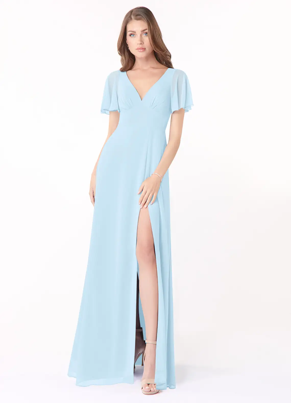 Sky Blue A-Line Flounce Sleeve Chiffon Dress