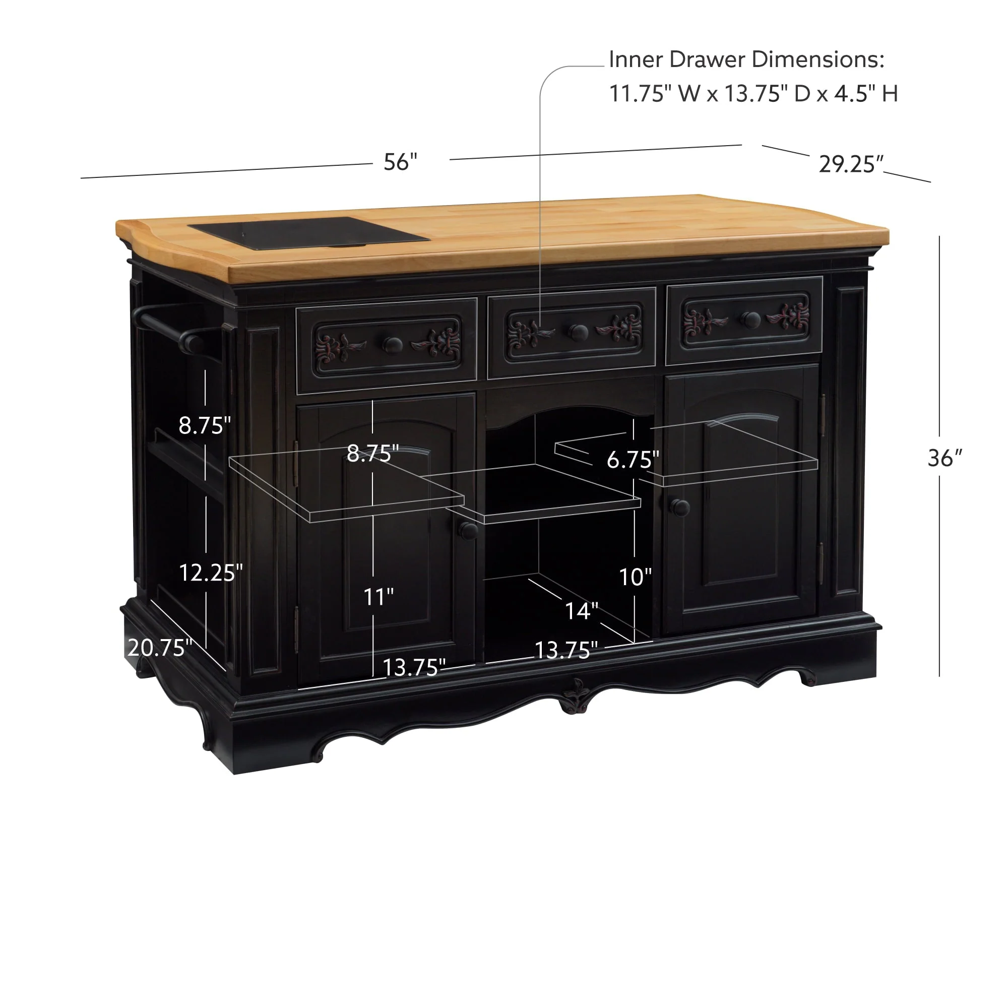 Pennfield Kitchen Island with Black Granite Removable Cutting Surface, Black and Natural