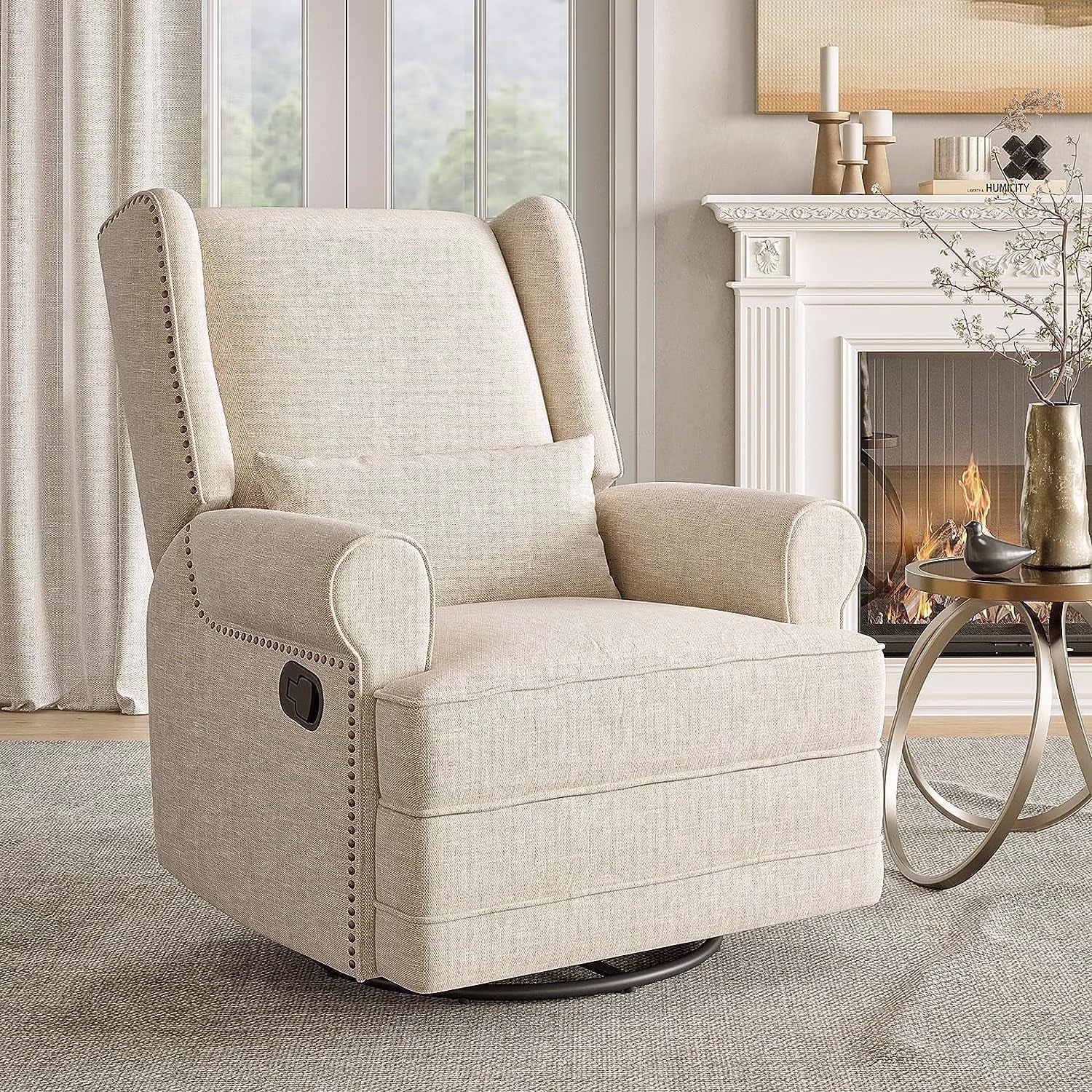 Swivel Nursery Glider Recliner, Comfy Upholstered Glider Chair with Lumbar Pillow and Footrest, Beige(Beige)