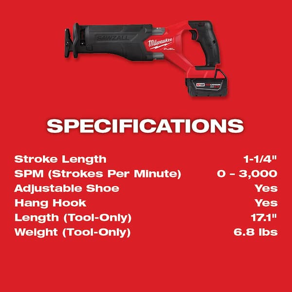 M18 FUEL 18V Lithium Ion Brushless Cordless SAWZALL Reciprocating Saw Kit with Two 6 0Ah Batteries Image 7