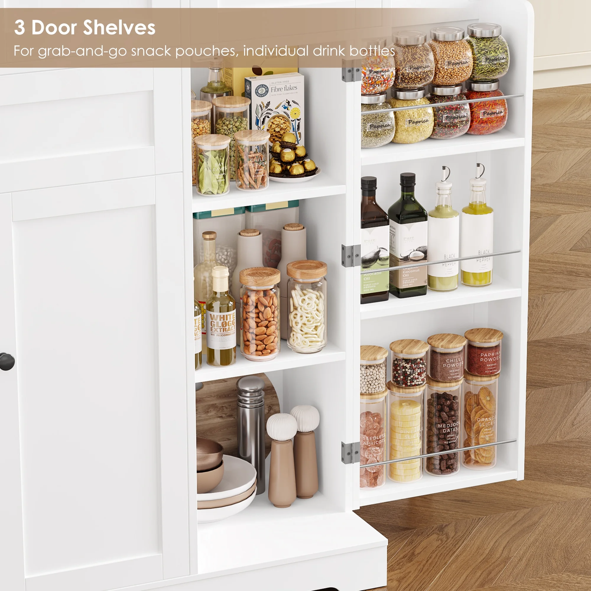 Kitchen Pantry Storage Cabinet, 68" Food Pantry Cabinet with Drawer and Door Shelf, 6 Door Freestanding Cupboard Buffet for Dining Room, White(White) - Image 9