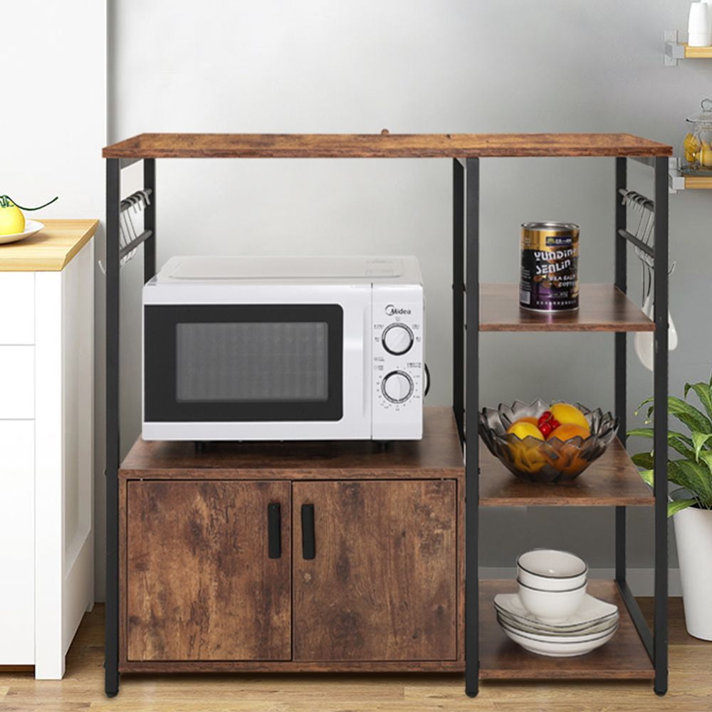 Kitchen Baker's Rack with Storage and 8 Hooks. 4 Tier Microwave Stand with Cabinet. Coffee Bar Station for Small Space. Rustic Brown