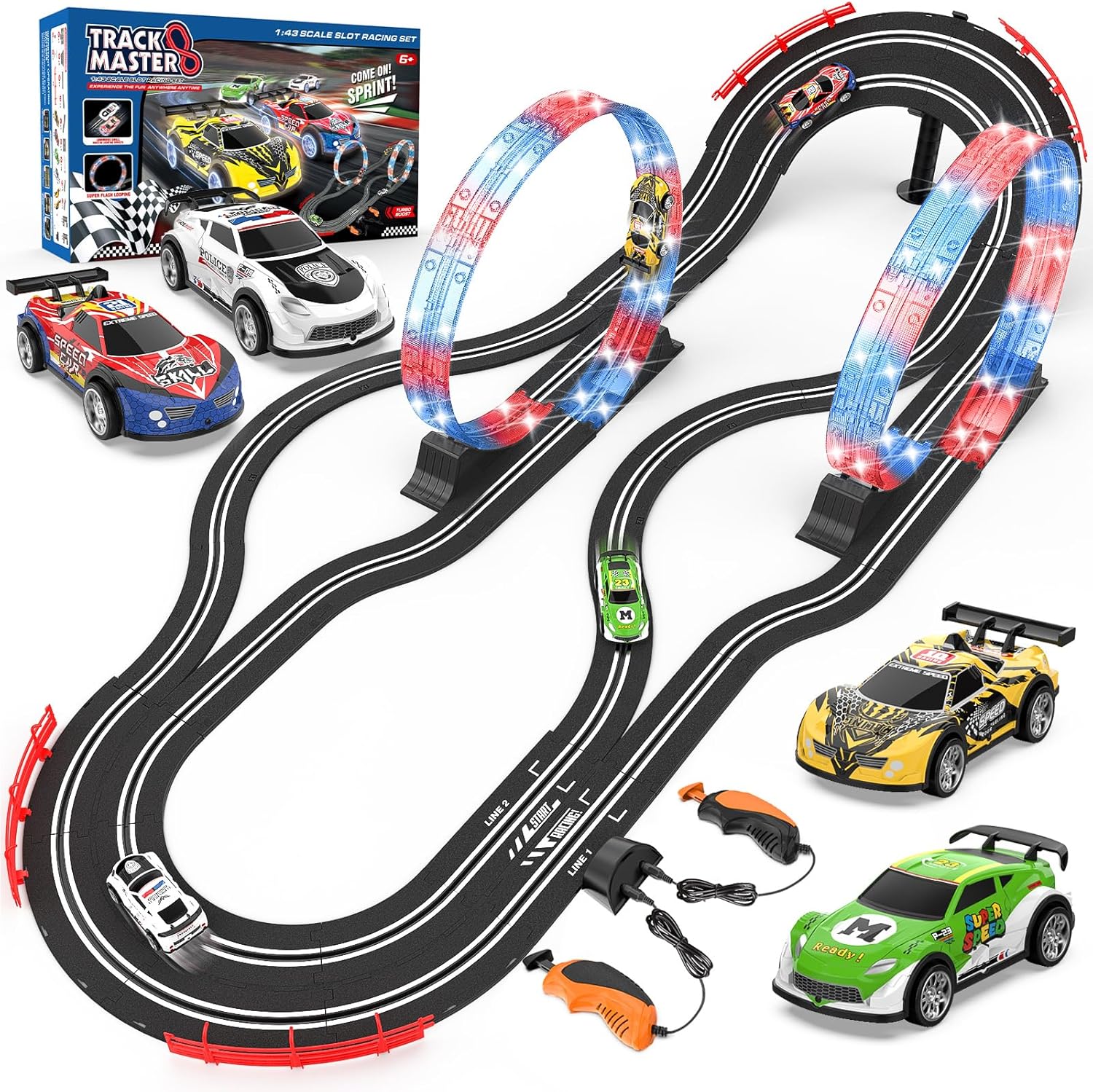 Slot Car Race Track Set with 4 High-Speed Cars, 20.2ft Dual Racing Track with 360° Loop