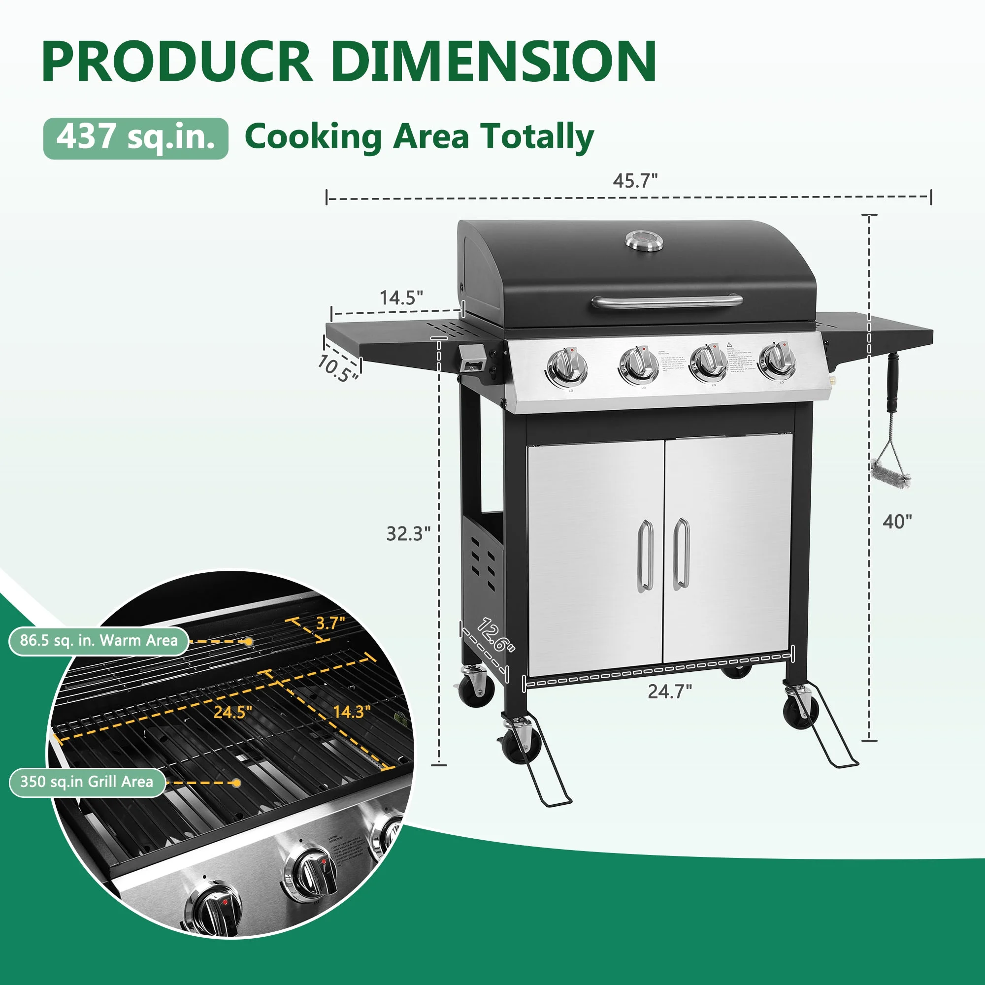 4-Burner Gas Grill with 4 Universal Wheels Bottle Opener, 40000BTU Outdoor Grill with Side Table for Camping, Black Sliver(4-Burner (40000 BTU)) - Image 2