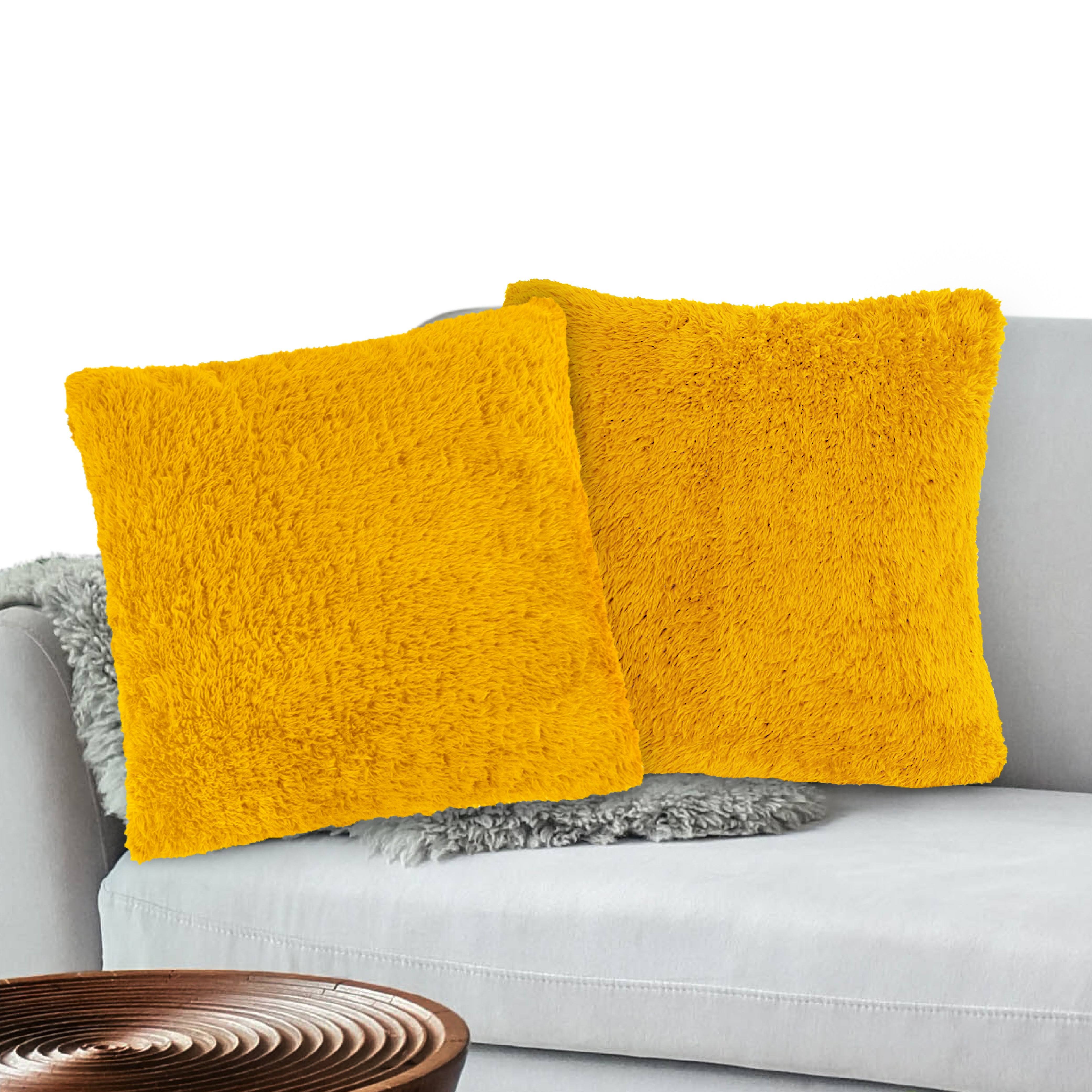 PAVILIA Fluffy Mustard Yellow Throw Pillow Covers, Decorative Accent Pillow Cases for Bed Sofa Couch, Soft Faux Fur Cushion Cover, Square Sherpa