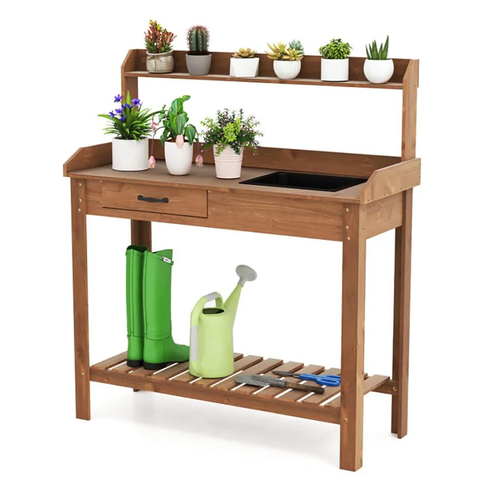 Aimee Lii Outdoor Wooden Garden Table Work Station with Storage Shelves and Drawer for Garden Decoration-Coffee