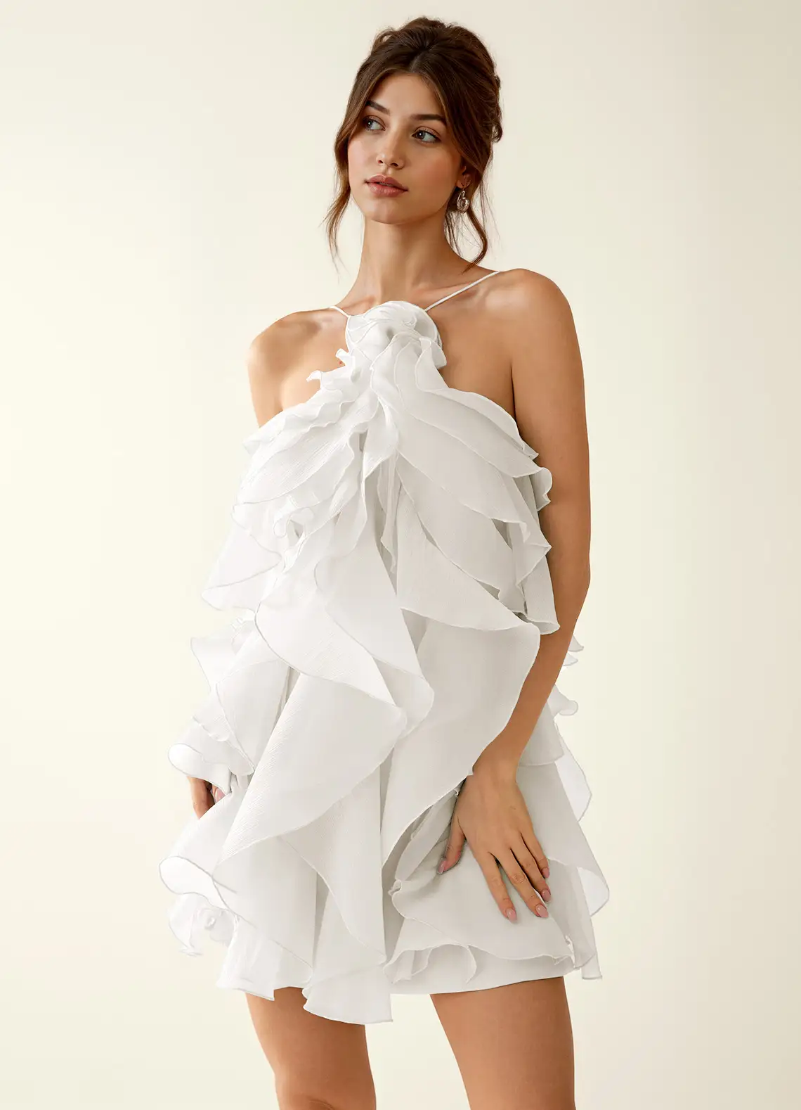 Oliamagn White Ruffles Tulle Mini Dress