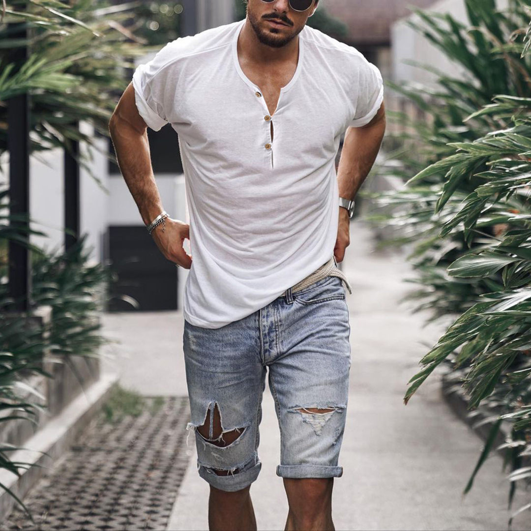 T-shirt Henley respirant uni, décontracté pour les vacances