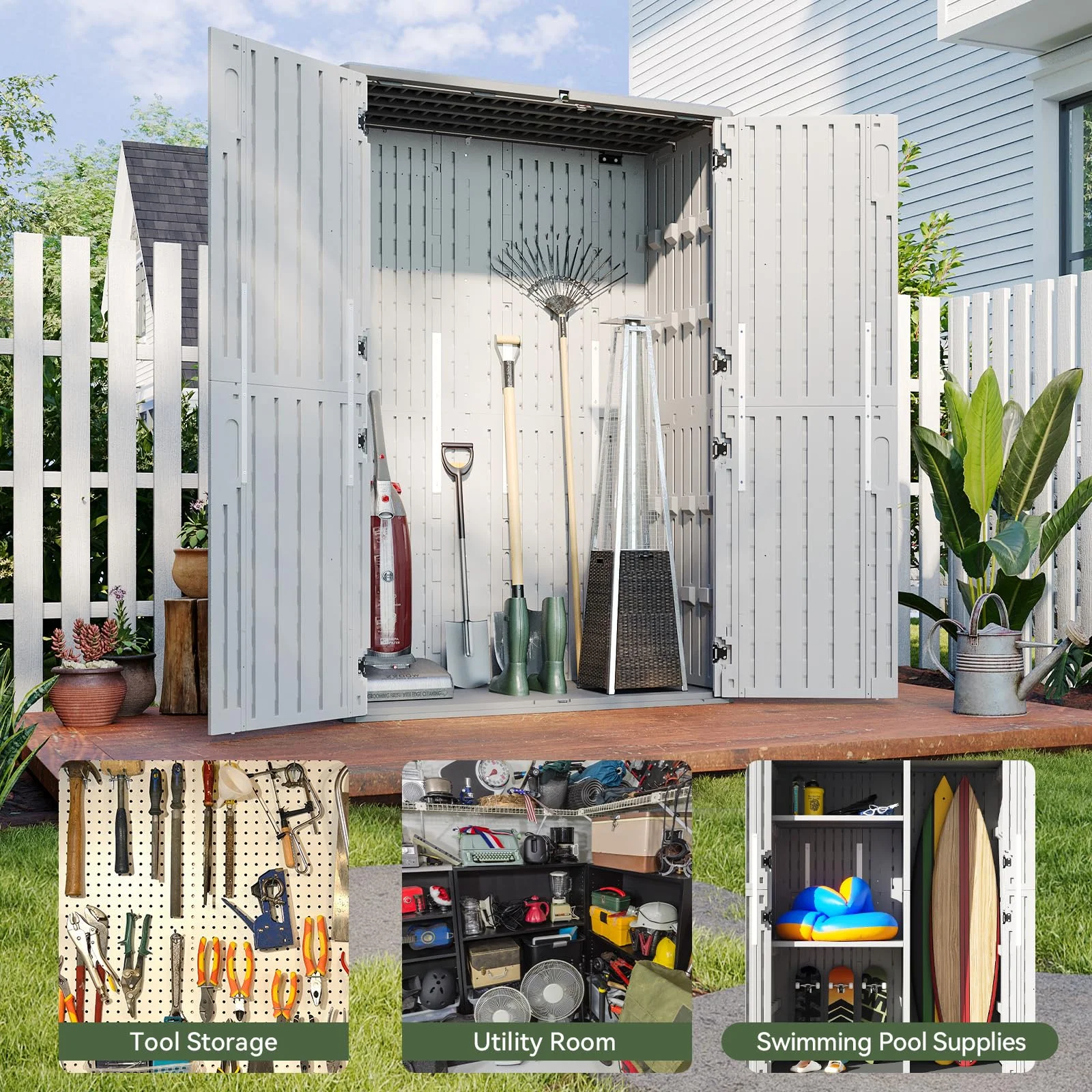 Outdoor Storage Shed, 64 Cu.Ft Vertical Storage Sheds Outdoor with Floor, Outdoor Waterproof Storage Cabinet for Garage Storage, Pool Storage, Bike Shed, Garden Shed, Outdoor Storage(White)(64 Cu.Ft) - Image 7