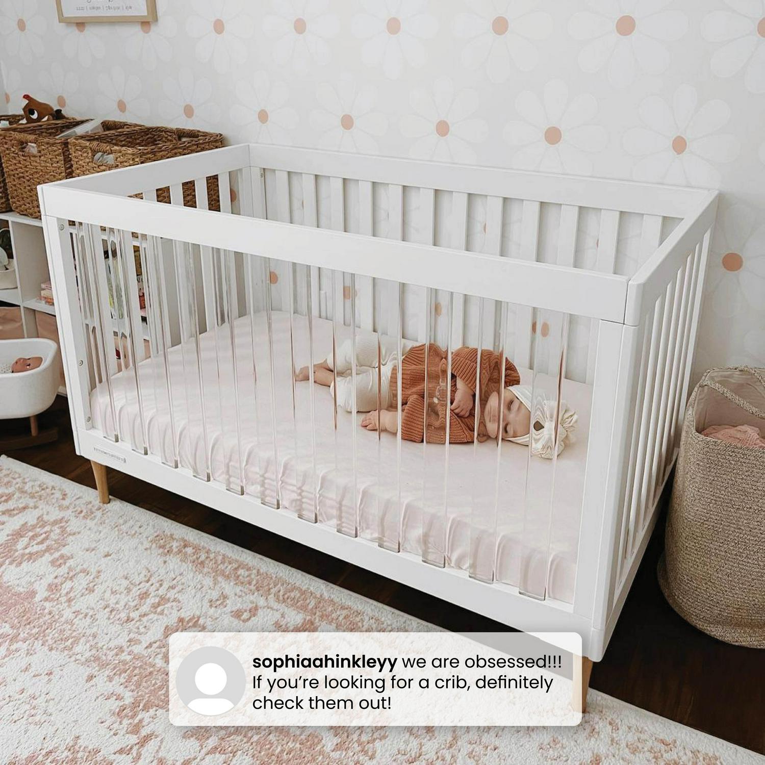 Delta Children Austin Acrylic 4 - in - 1 Convertible Baby Crib - Greenguard Gold Certified. Bianca White/Natural