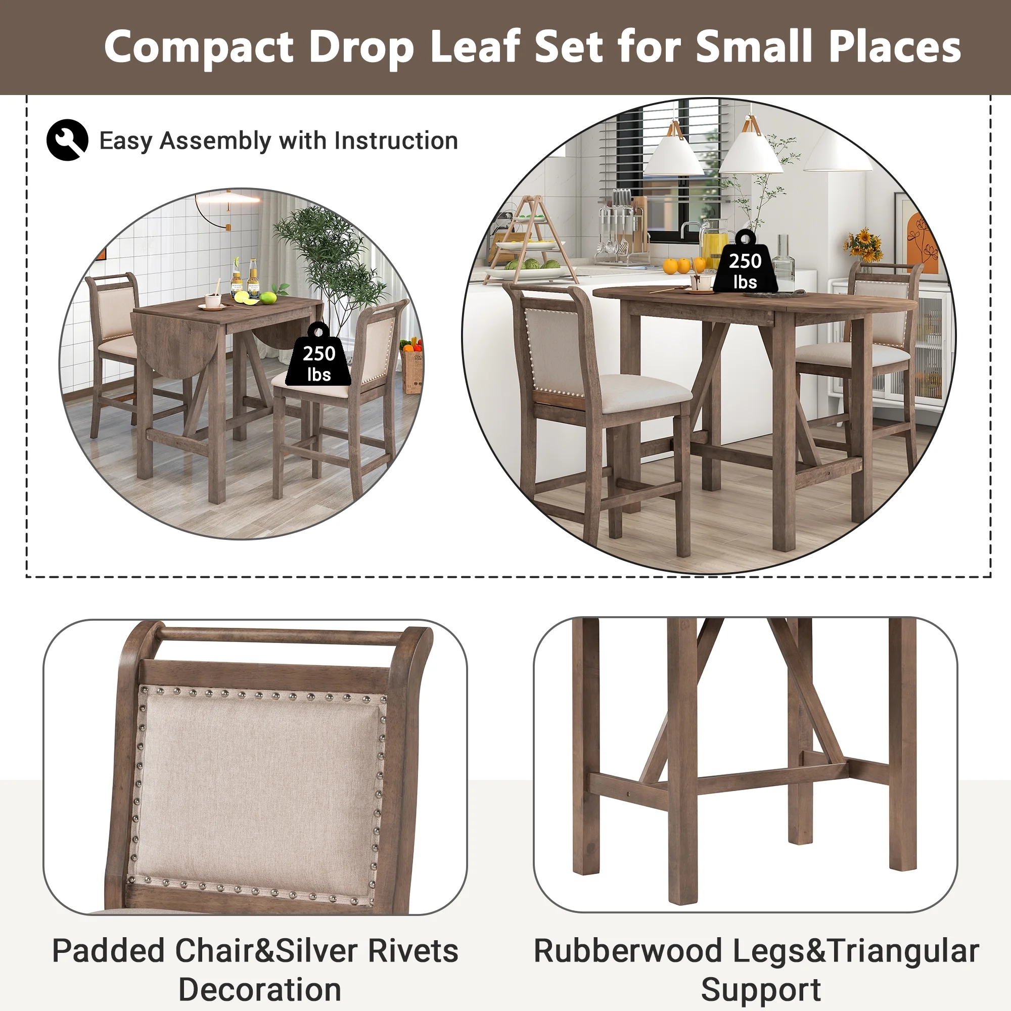 3 Piece Wood Folding Dining Table Set Drop Leaf Table with 2 Padded Counter Height Dining Chairs for Small Place, Brown(Brown) - Image 6
