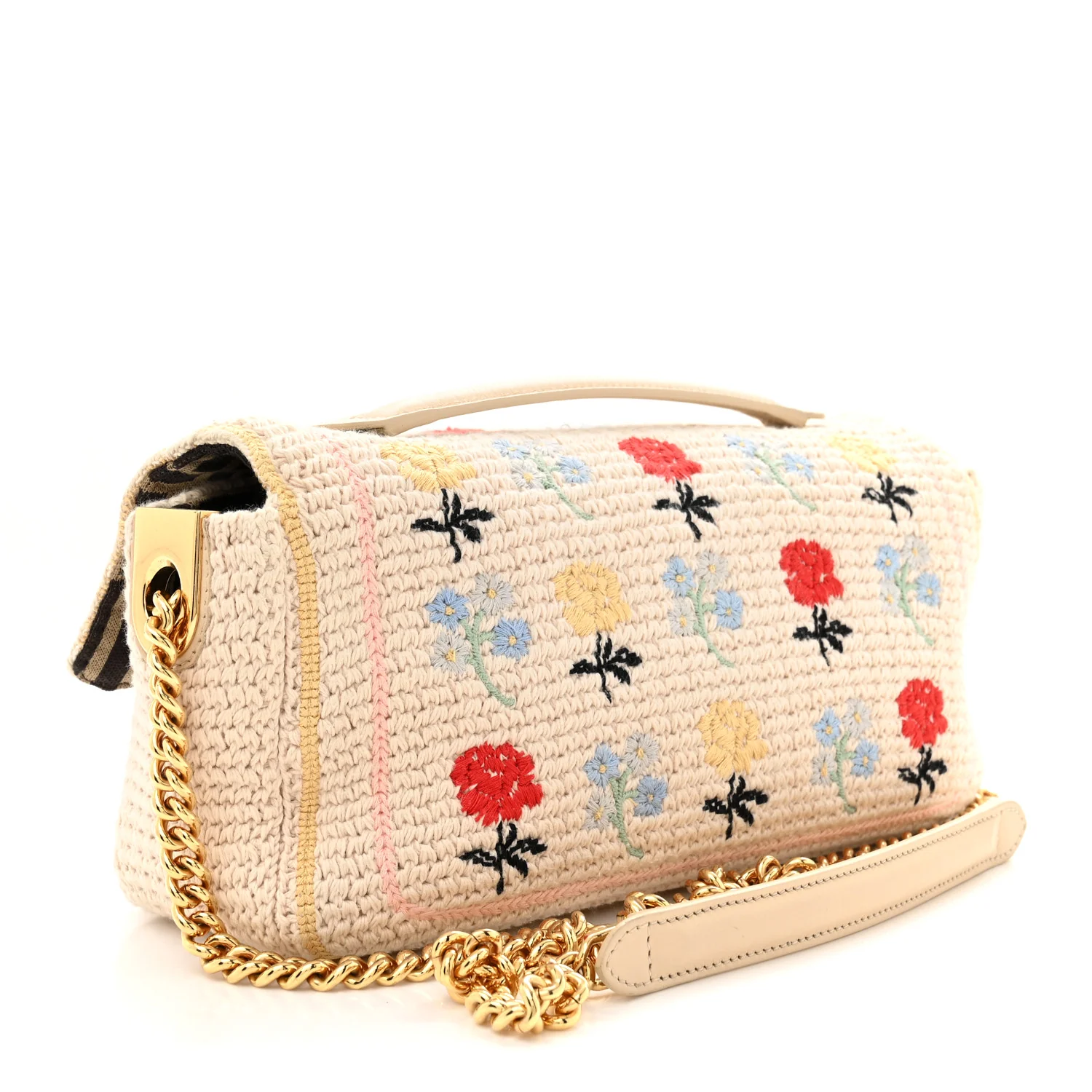 Cotton Vitello Seta Floral Woven Chain Baguette White Multicolor