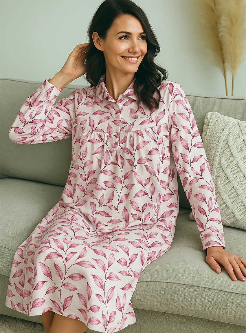 Chemise de nuit femme imprimés fleuris en coton feuilles roses