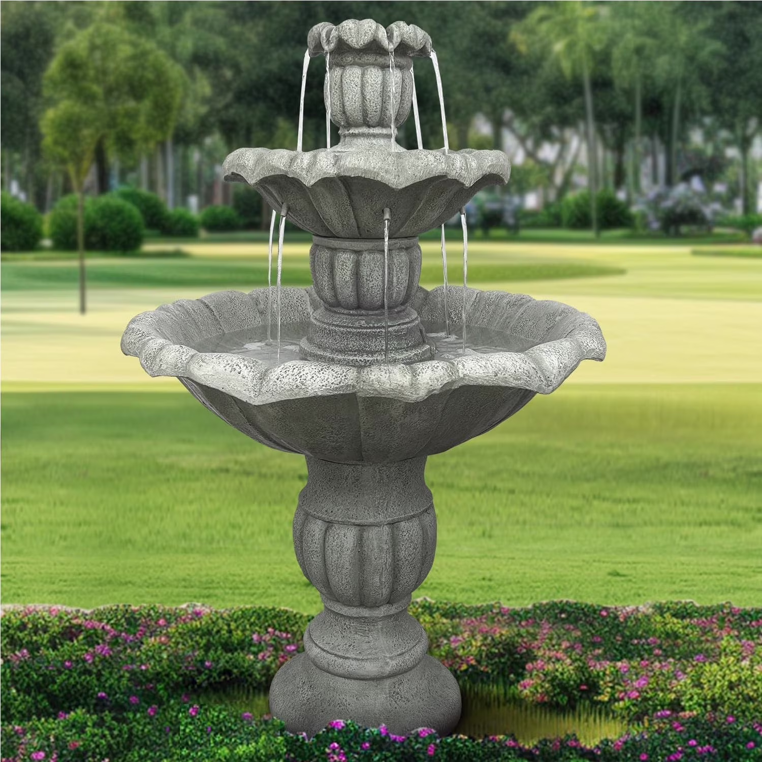 48�?H Outdoor Floor Water Fountain, 3-Tiers Concrete Water Fountain with Submersible Electric Pump Garden Cascading Waterfall for Yard Patio Lawn Home Decor(Brown 1) - Image 5