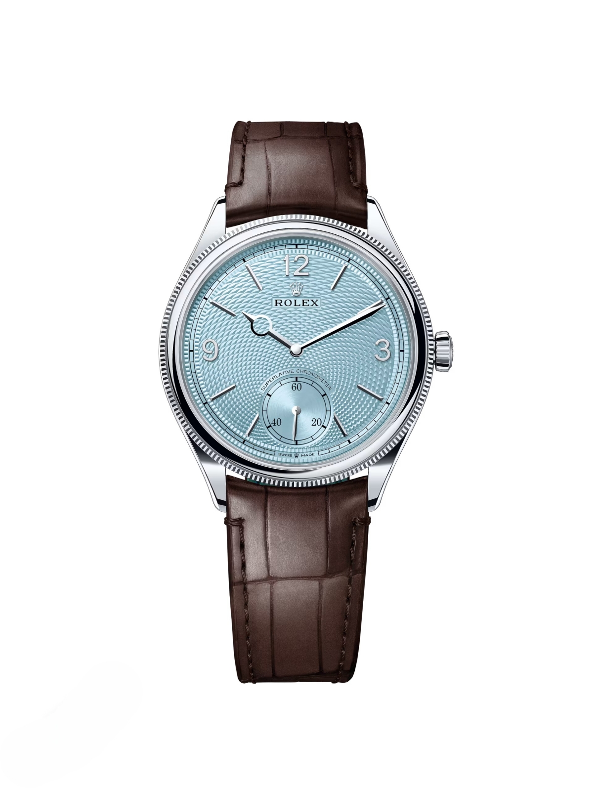 [Super Clone]Rolex 1908 Platinum Ice Blue Dial Brown Alligator Strap - 52506-0002