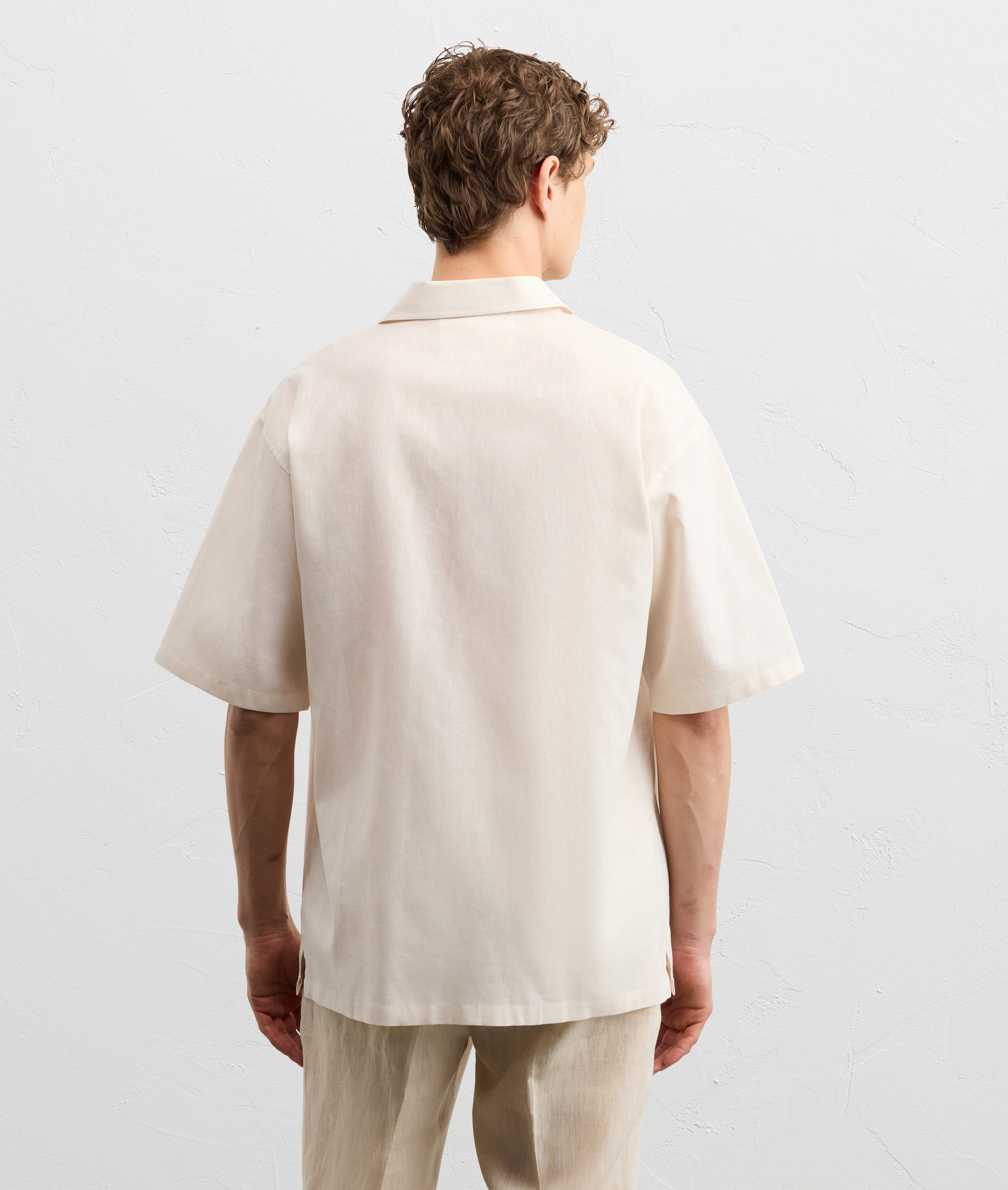 BEIGE LINEN AND COTTON SHIRT WITH A PANAREA COLLAR AND SHORT SLEEVES