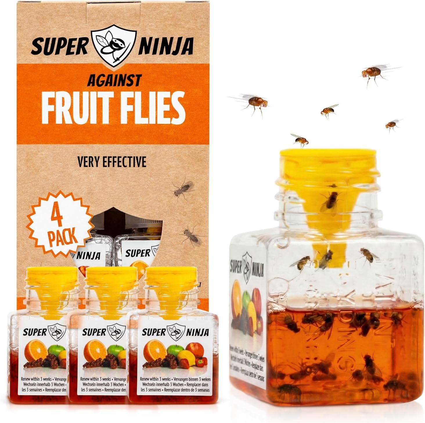 Super Ninja Fruit Fly Traps for Indoors, 4 Pack| Fruit Flies Catcher for Home & Kitchen with Adhesive Back, Kids & Pets Friendly, Up to 3 Weeks of Performance per Bottle