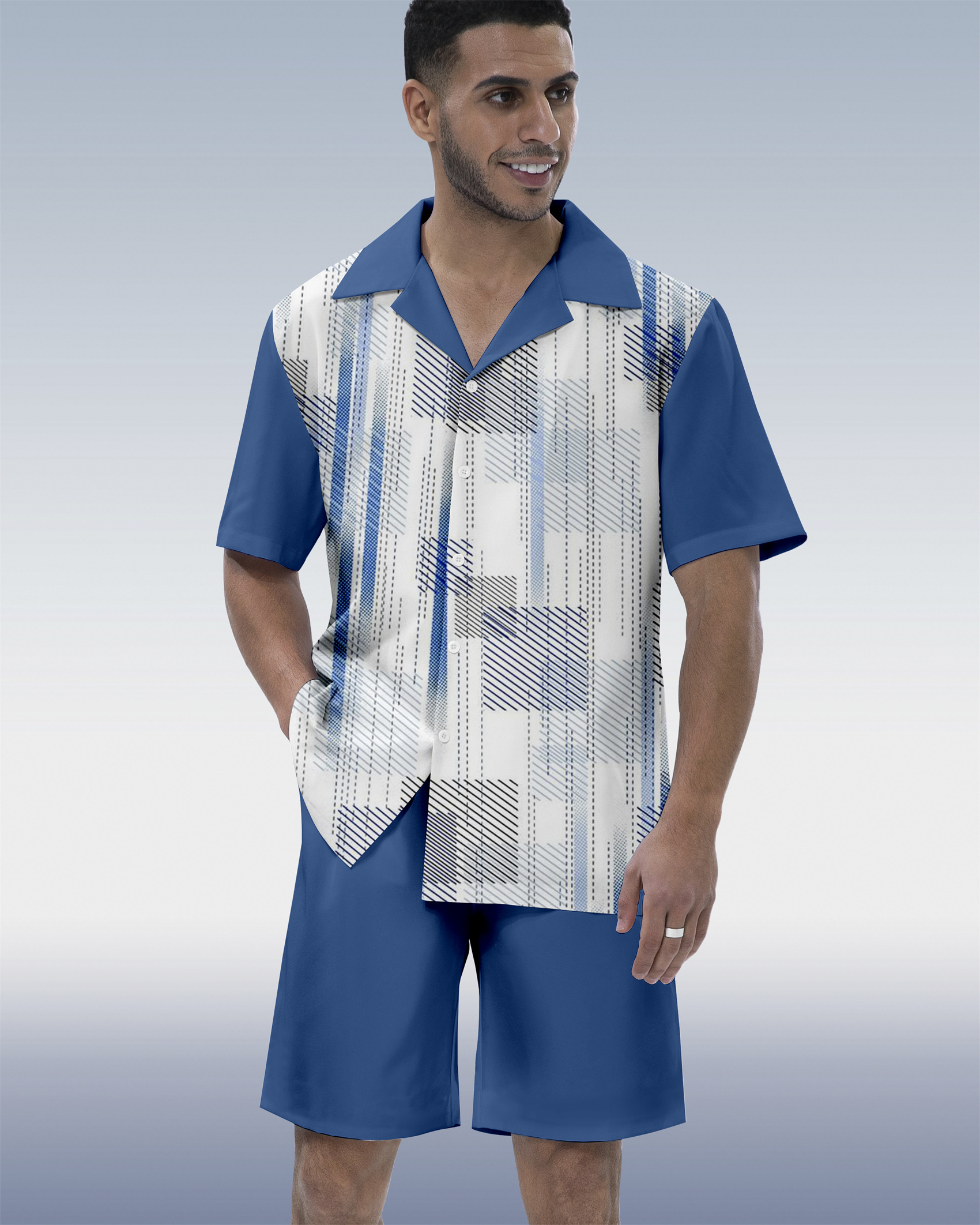 Ensemble chemise à manches courtes et col cubain pour homme, idéal pour les vacances au bowling (réf. 066)