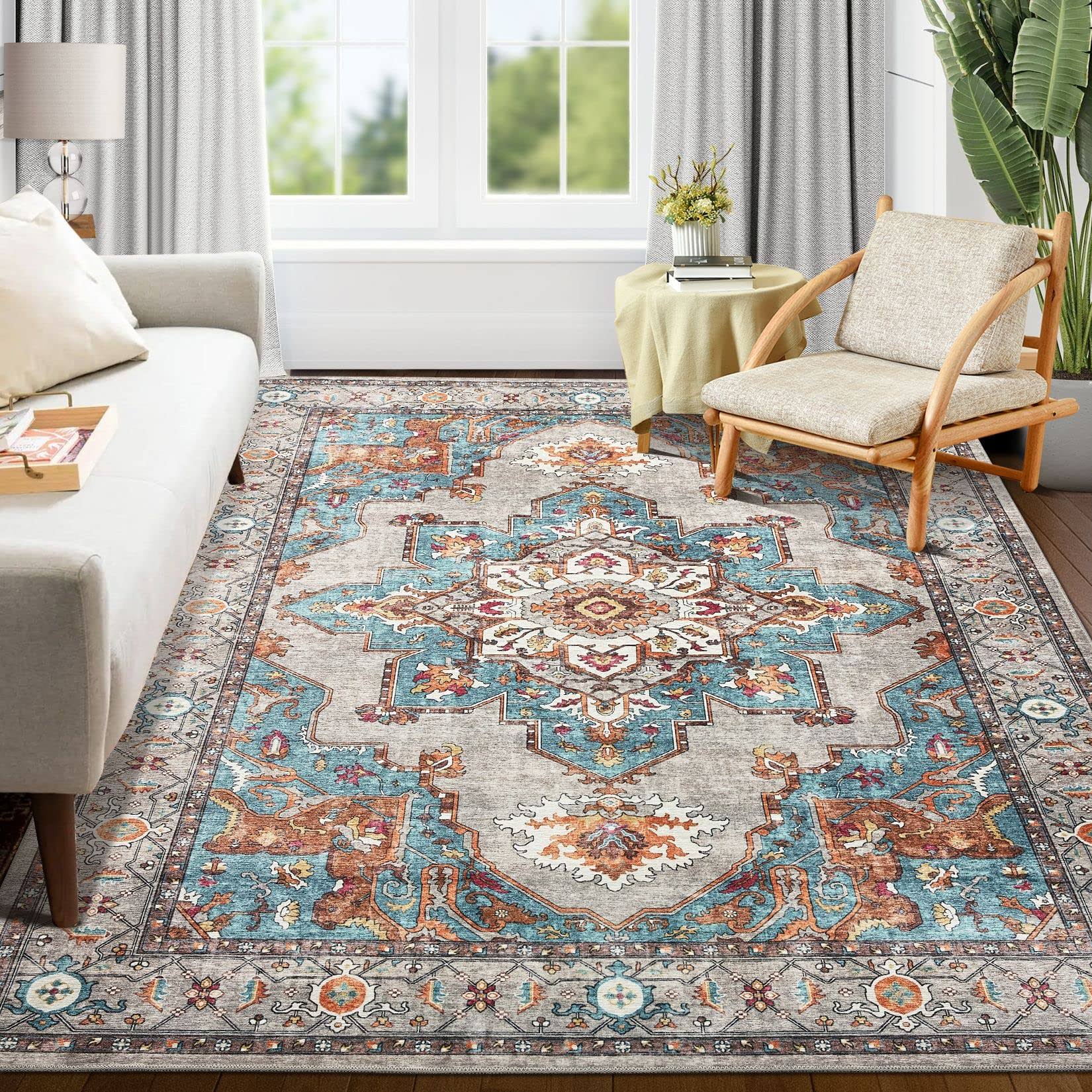 Oriannal Area Rug Living Room Rugs 5x7 Washable Large Carpet Boho Non-Slip Area Rugs for Dining Room Farmhouse Bedroom Kids Room Office Home Decor, Thin Low