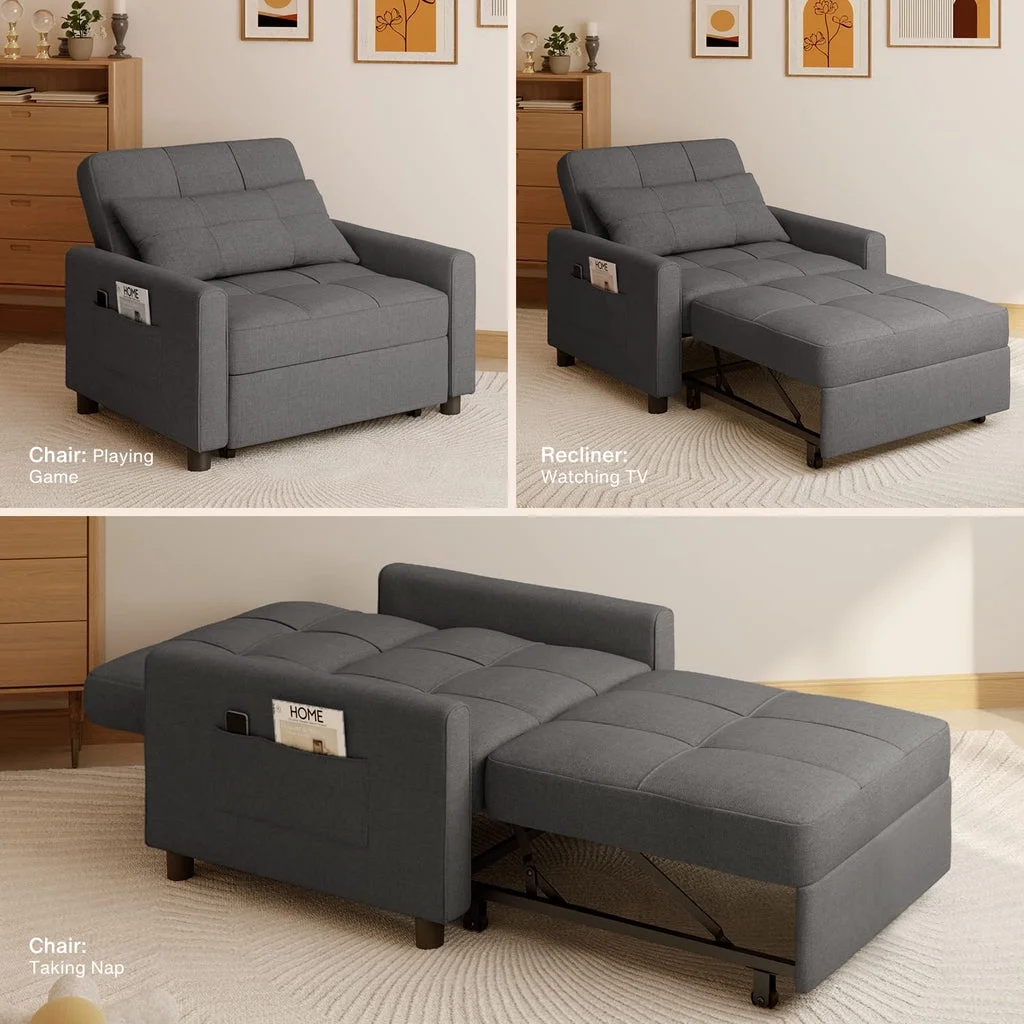 Convertible Sleeper Chair, 3-in-1 Convertible Sofa Bed Recliner Chair with Pull Out Couch Dark Gray(Dark Gray) - Image 10