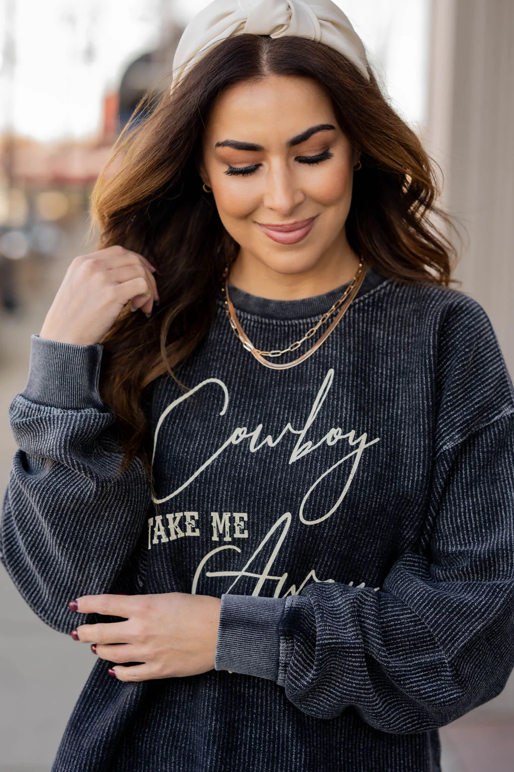 Cowboy Take Me Away Side Slit Ribbed Graphic Crewneck