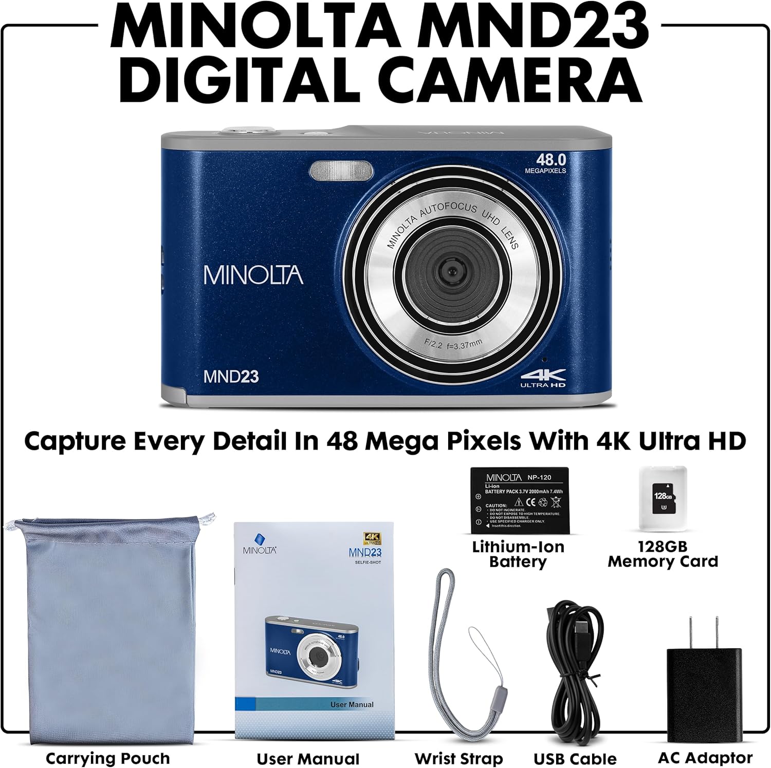 Minolta 48MP Digital Camera with Rear Selfie Lens – 4K Ultra HD Video  2.8