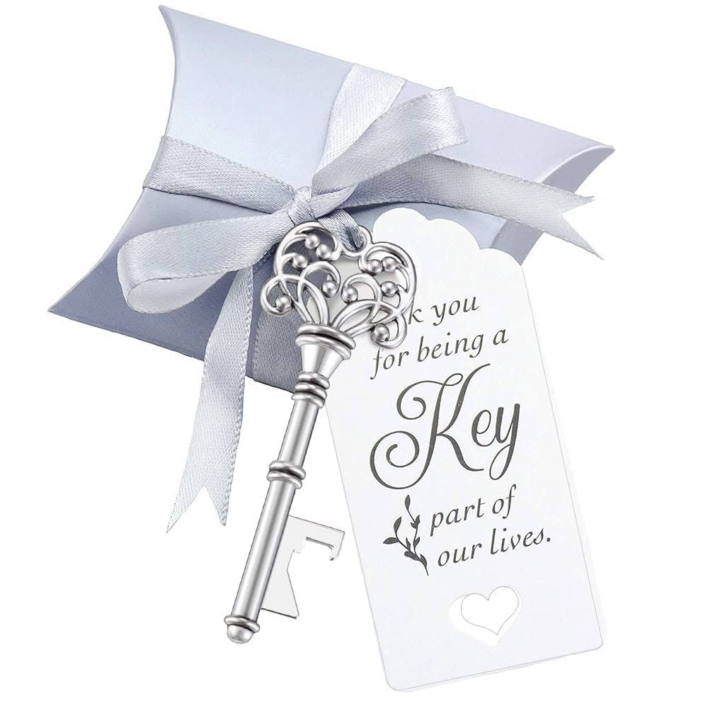 50 Sets Vintage Key Bottle Openers, Wedding Favor Souvenir Gift for Guests with Escort Card Thank You Tag Pillow Box and Satin Ribbon