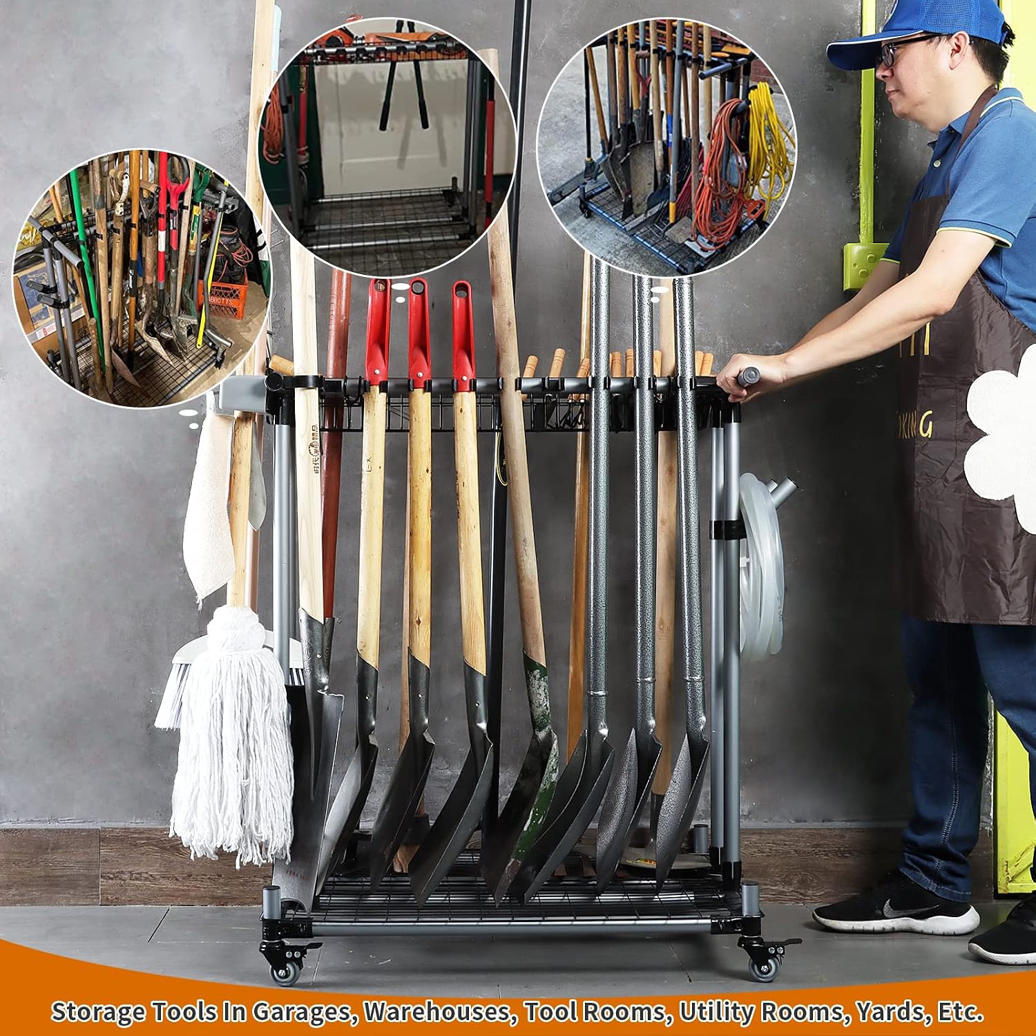 Heavy duty garden tool organizer garage storage holder storage large long farming tools lawn tool metal rack shovel and rake organizer