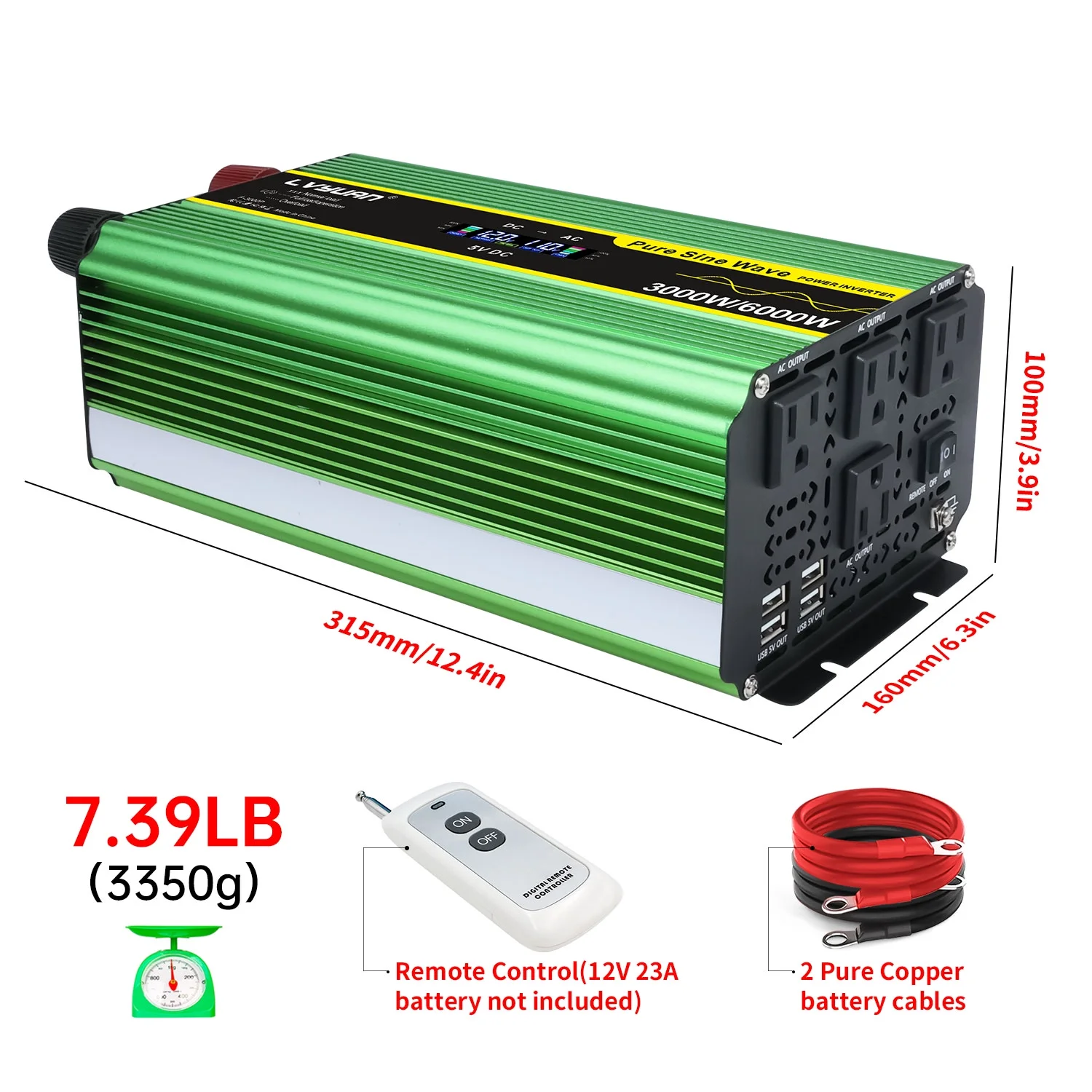 LVYUAN 3000watts Pure Sine Wave Power Inverter DC 12V to AC 110V 120V Converter 4USB 4AC LCD Display with Remote Control