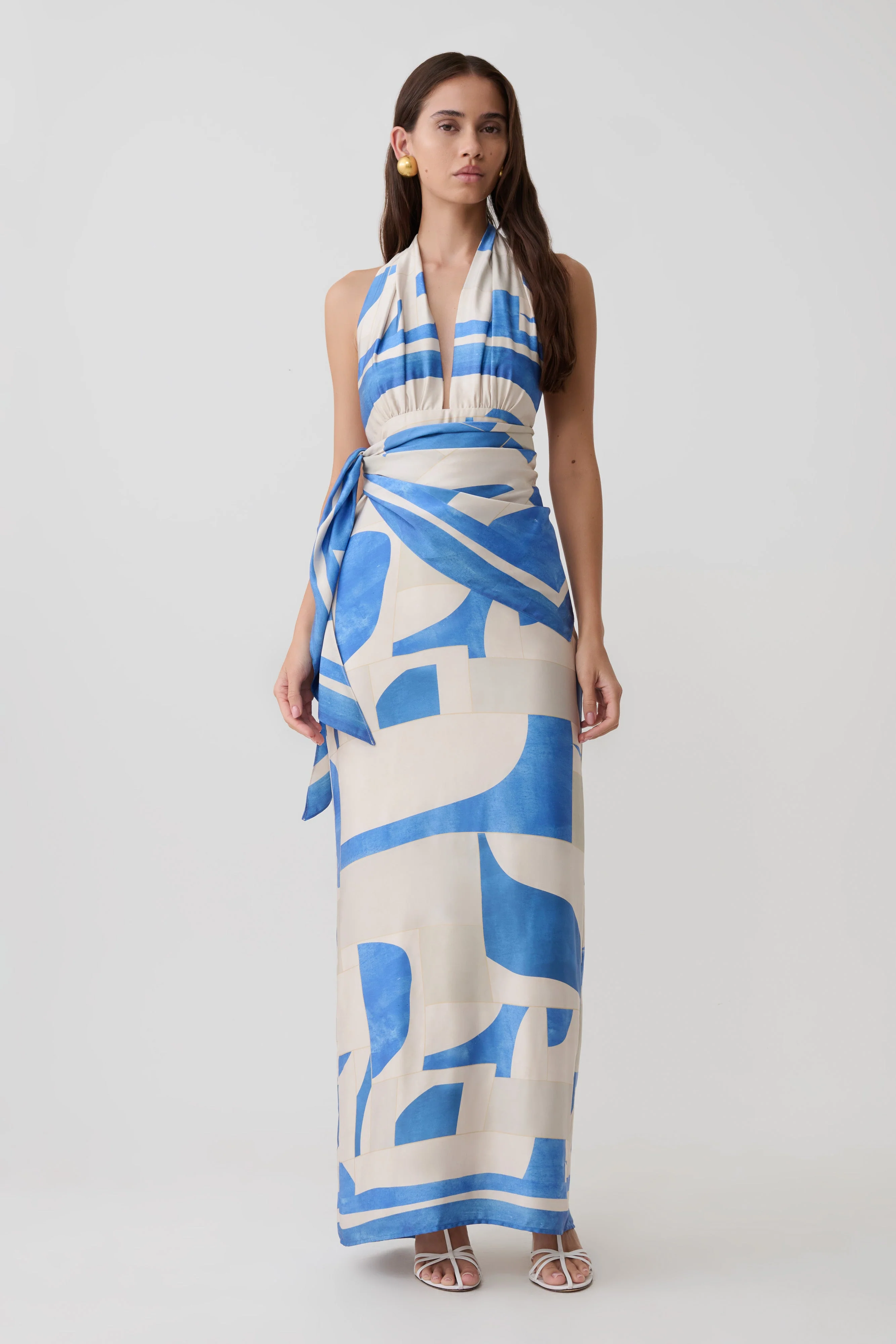 Gianna Satin Halter Maxi Dress - Blue Geo Tile Print