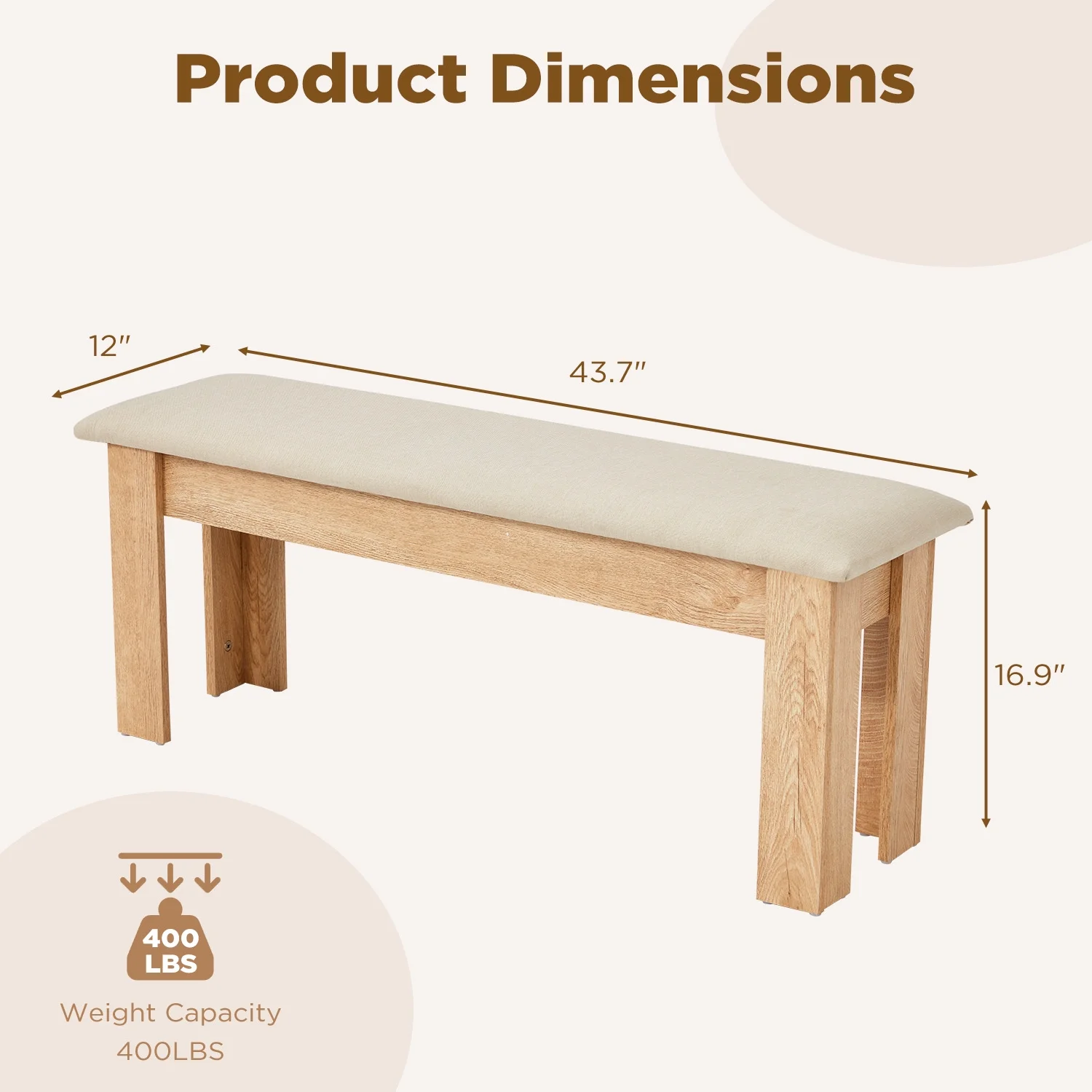 44" Dining Room Bench Set of 2, Wood Linen Fabric Kitchen Benches, Beige Natural(Beige Bench) - Image 10