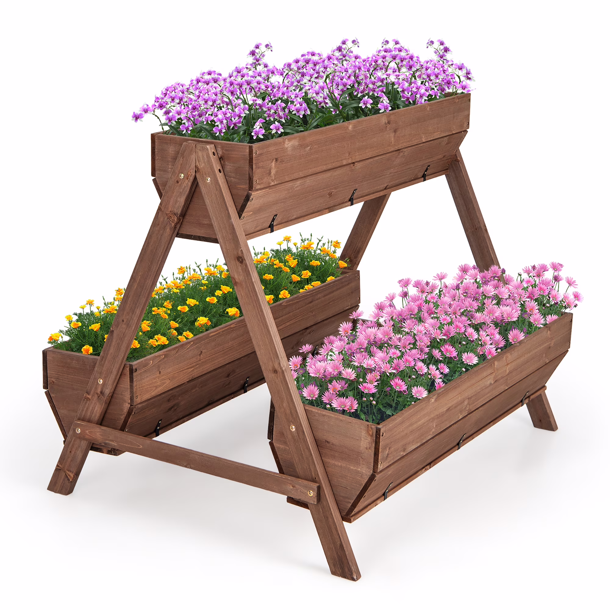 Gymax Vertical Raised Garden Bed Wood Tiered Plant Stand w/ 3 Planter Containers