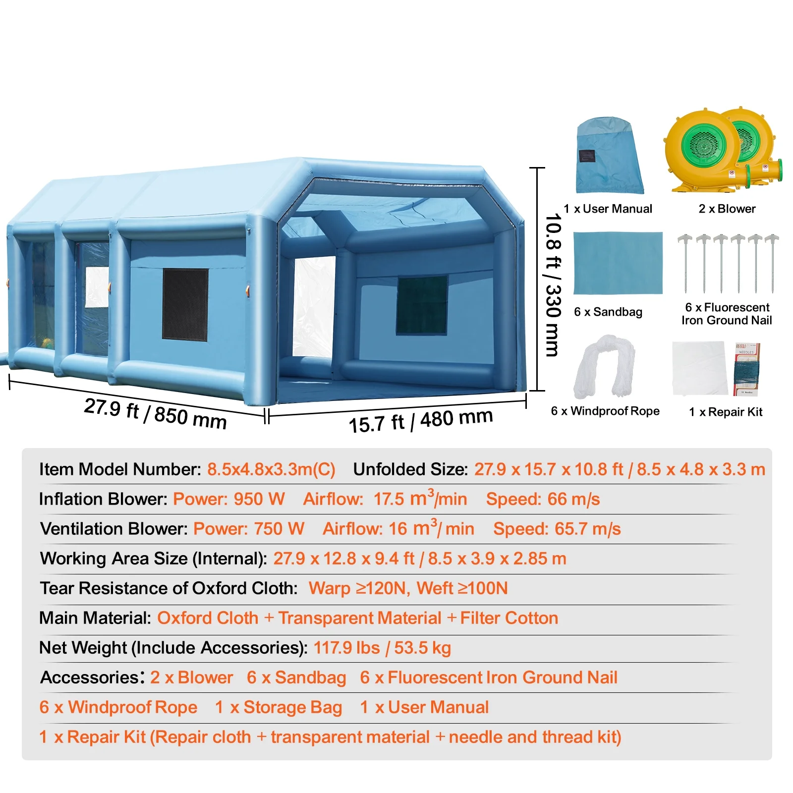 Inflatable Spray Shelter, 27.9x15.7x10.8 ft, Includes 950W+750W Blowers, Air Filtration, Ideal for Small Trucks, Large Motorcycles, Midsize Vehicles - Image 7