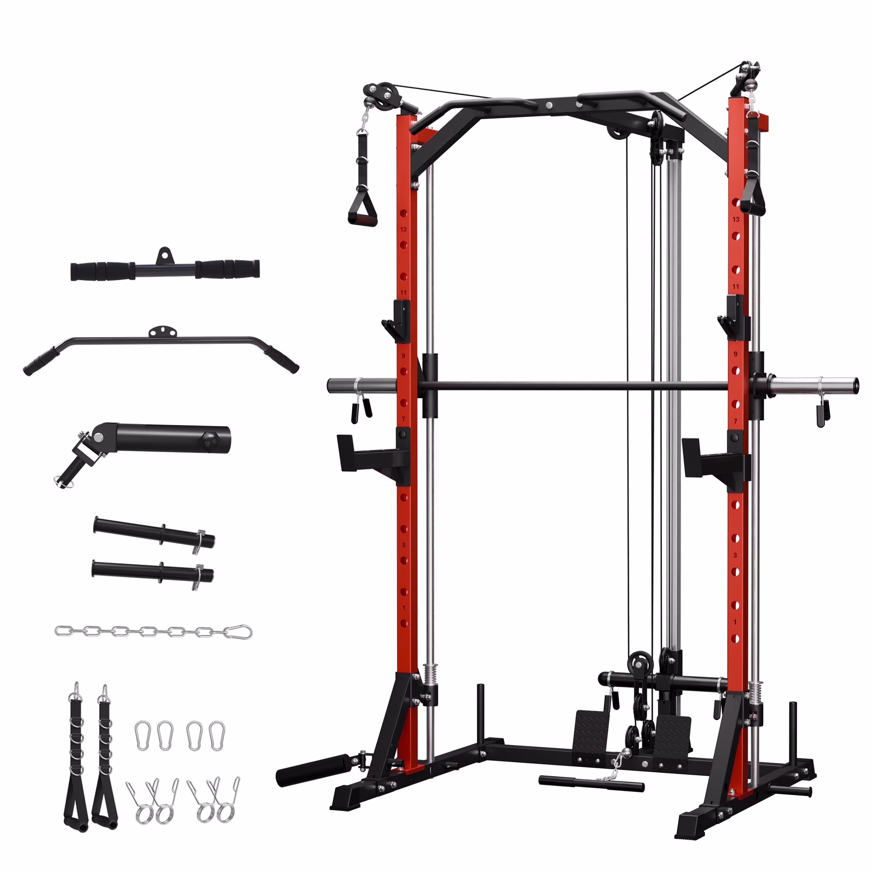 Compact 7-IN-1 Smith Machine With Cable Crossover System, 1000LBS Multi-Functional Squat Rack, Workout Station with Weight Bar, Bend Peg and Other Functional Attachments(Smith Machine)