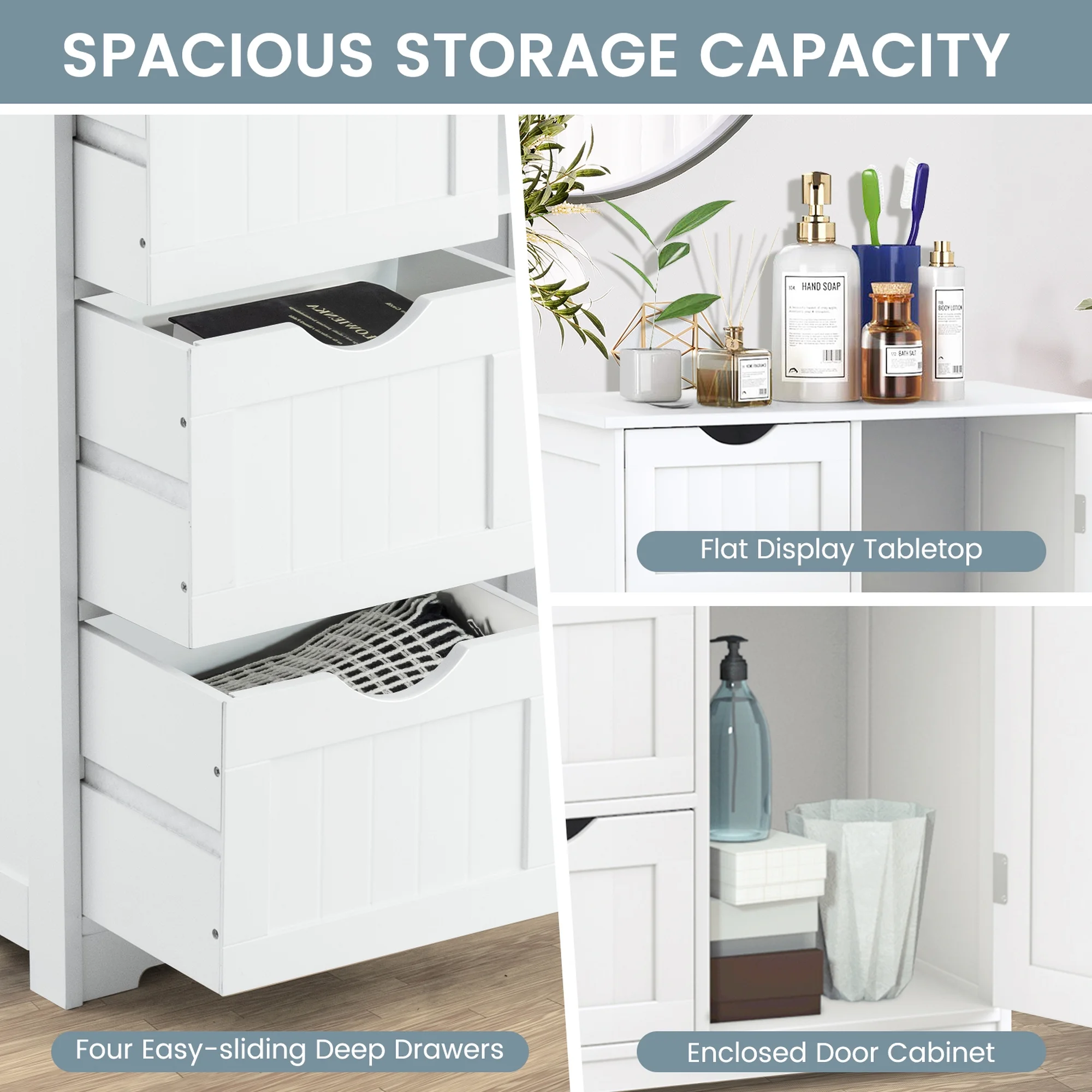 Bathroom Storage Wooden 4 Drawer Cabinet Cupboard 2 Shelves Free Standing White(White) - Image 6