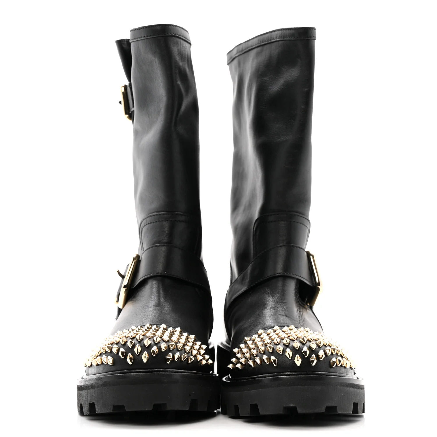 Calfskin Studded Biker II Boots 36.5 Black