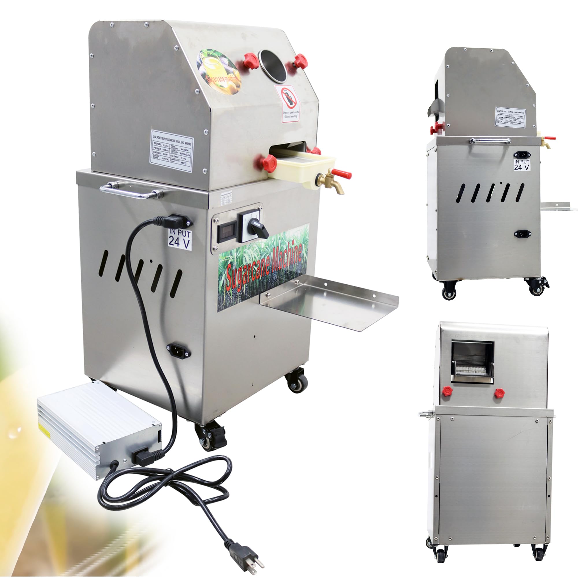 Commercial Sugarcane Press Juicer, Electric 350W, Dual 110V/24V, Sugarcane juicer, Sugar Cane Crusher, 3 Stainless Steel Rollers sugarcane juice machine, for Sugar Cane & Sweet Sorghum
