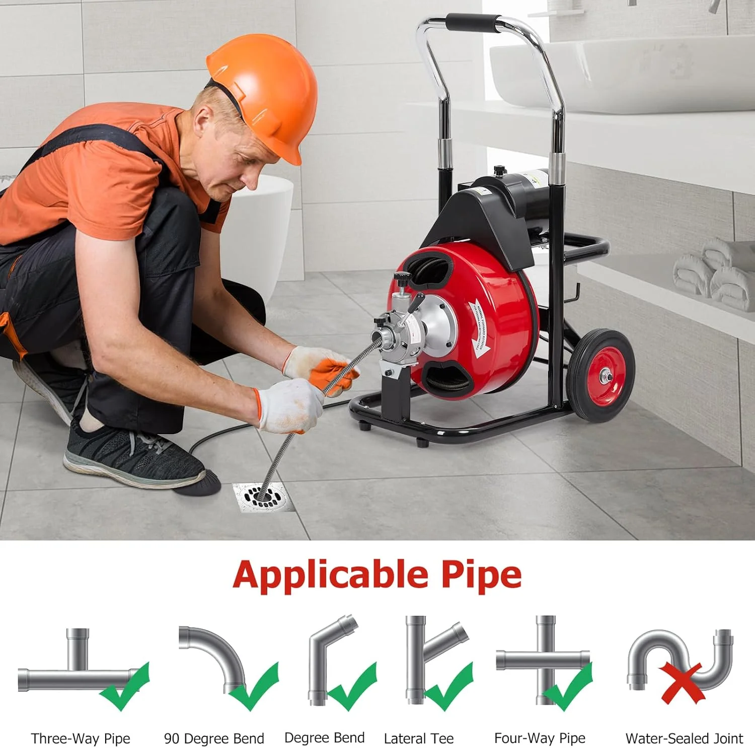 Auto Feed 100 FT x 3/8 Inch Drain Cleaner Machine with 250W Motor, Portable Sewer Snake Auger with 8 Cutters Air-Activated Foot Switch, Fits 1" to 4" Pipes(3/8inch 250W/100FT) - Image 7