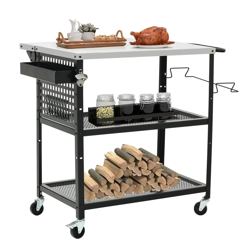 31.5''L x 27.6''W Outdoor Grill Cart Pizza Oven Table w/ 3-Tier Adjustable Shelf