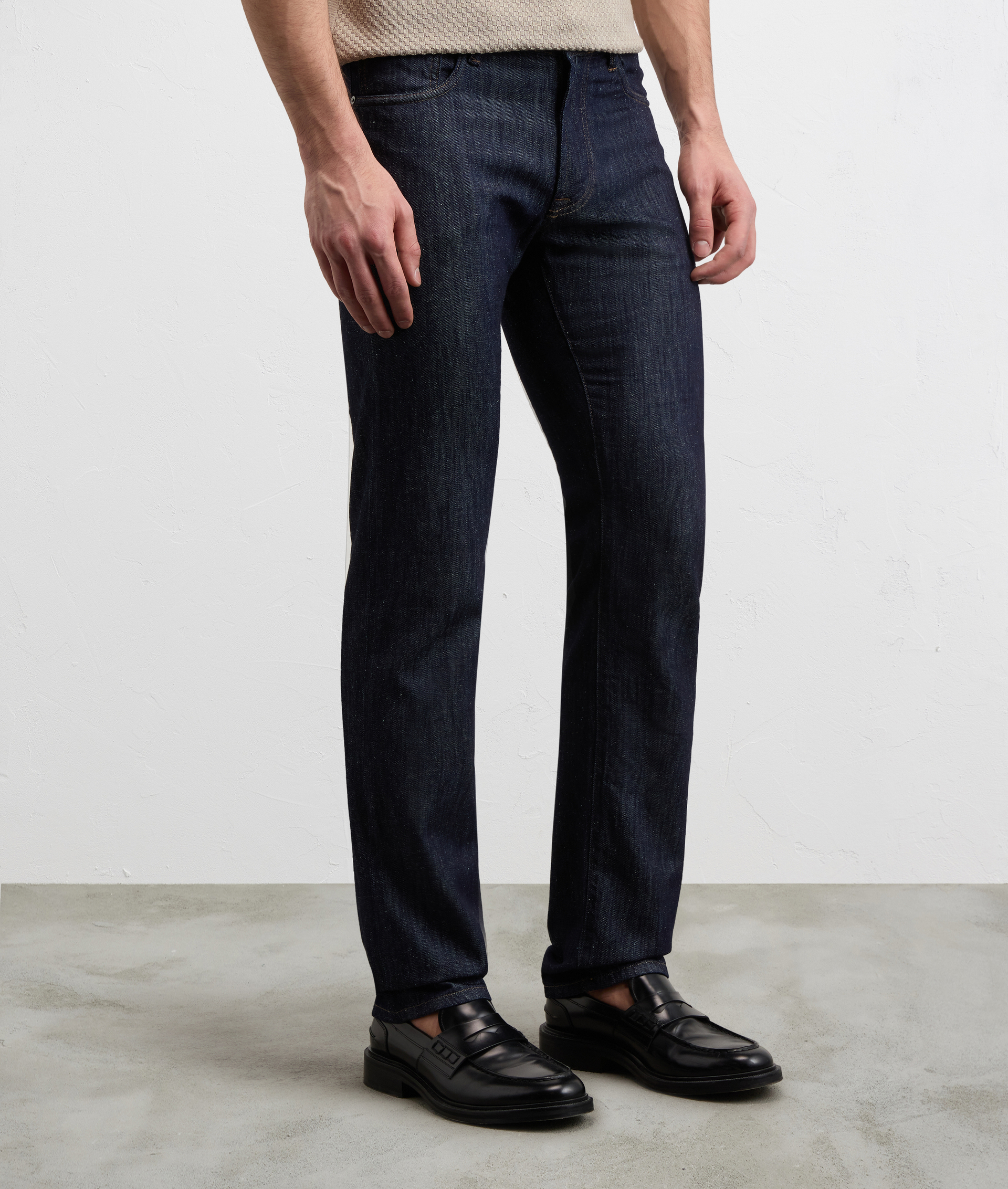 NAVY BLUE COTTON AND SILK DENIM WITH LEATHER BADGE AND METAL LOGO