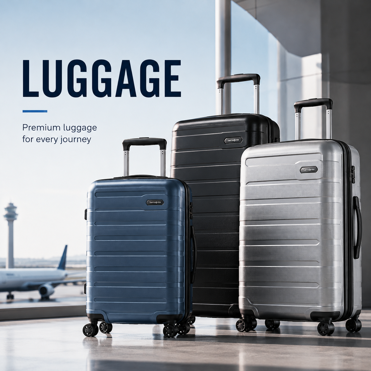 Premium luggage at Samsonite Outlet featuring hardside carry-on and checked suitcases for business trips, vacations, and everyday travel.