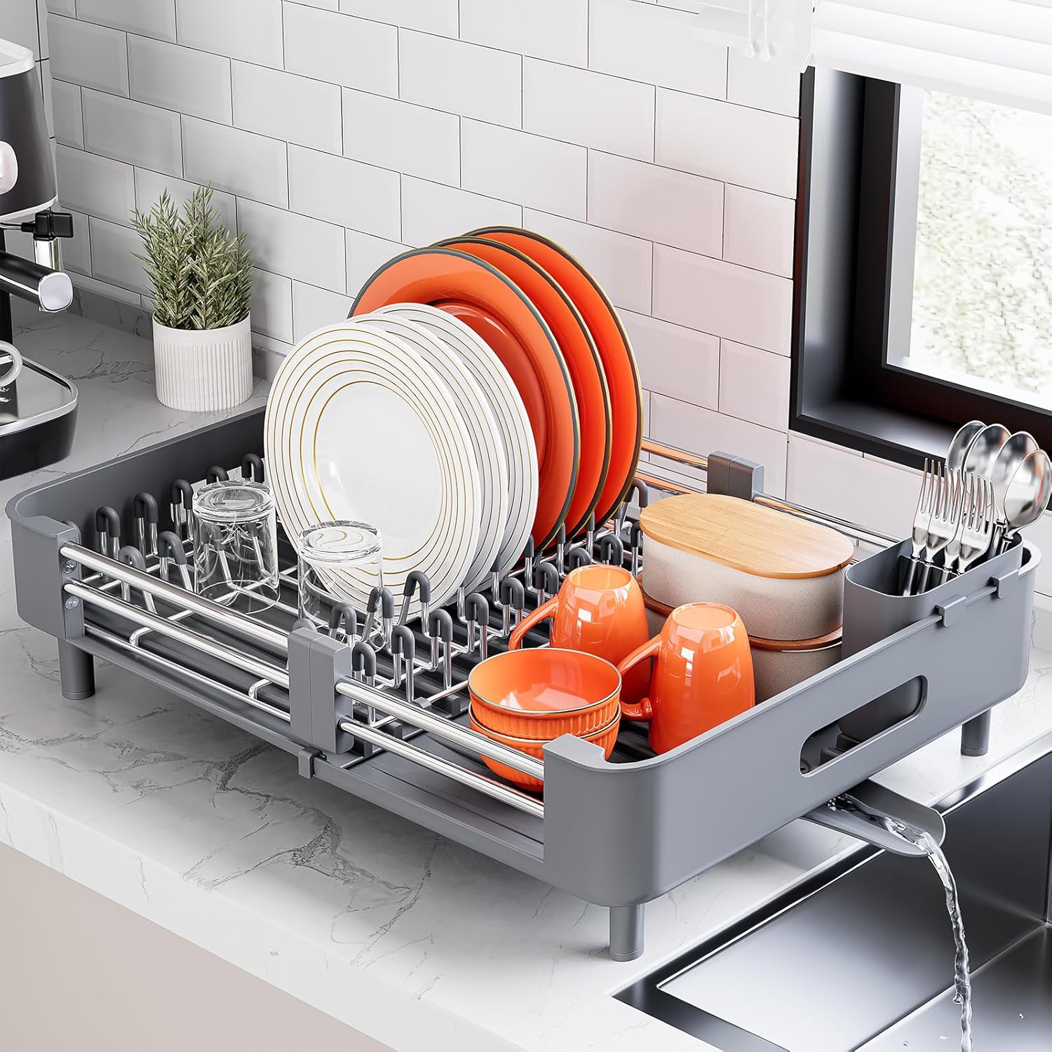 Urackify Extendable Stainless Dish Drying Rack for Kitchen Counter, Gray