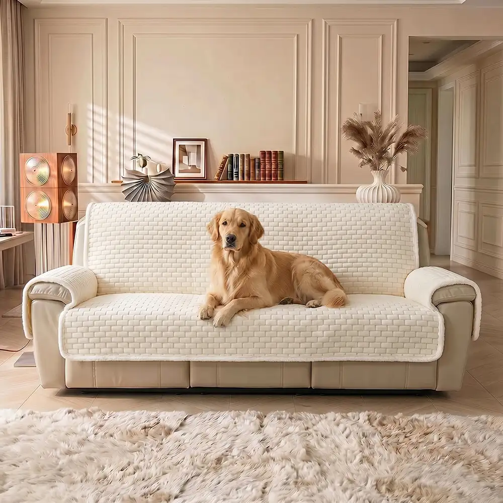 One-Piece Plush Scratch-Resistant Large Sectional Couch Covers with Elastic Straps