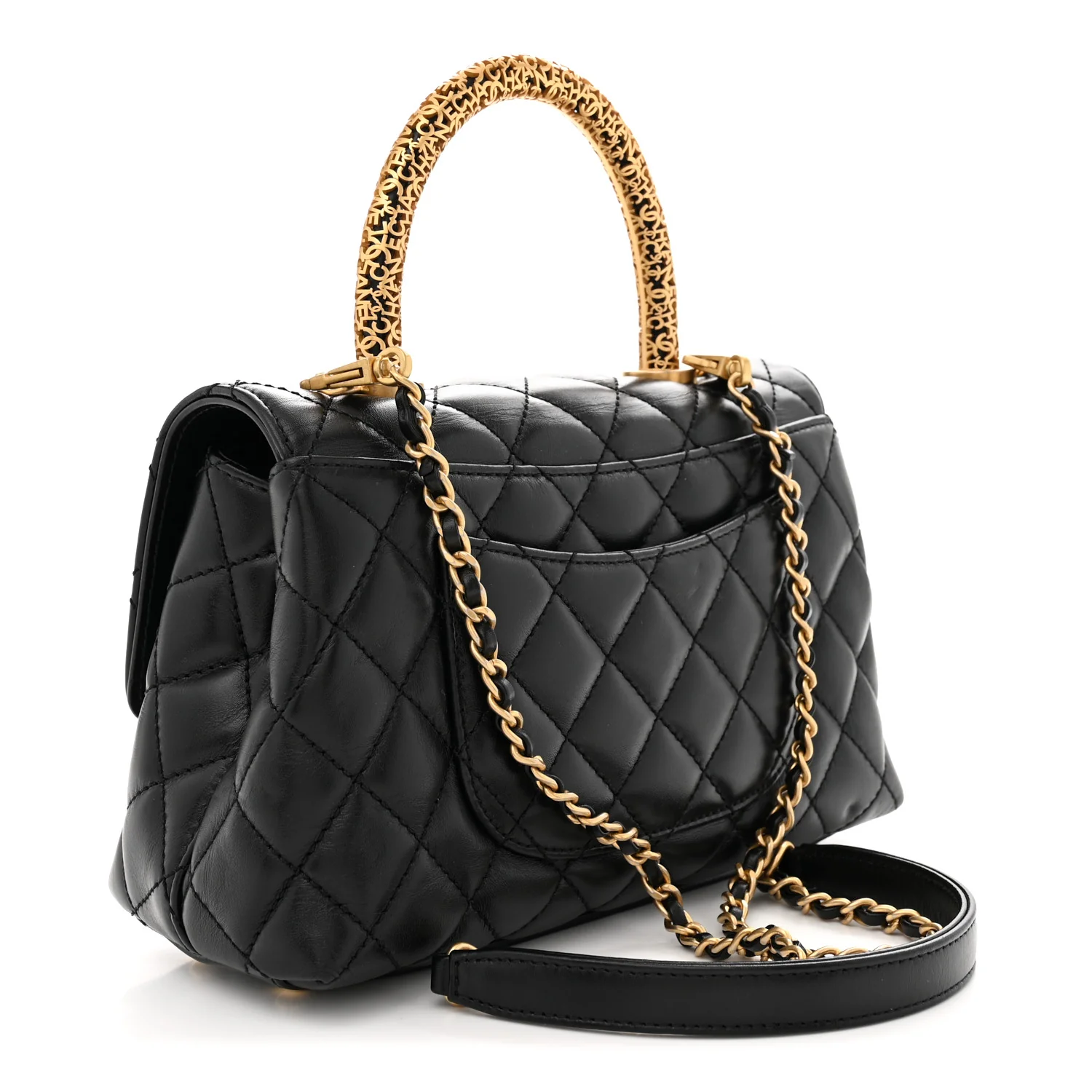 Calfskin Quilted Mini Logo Coco Handle Flap Black