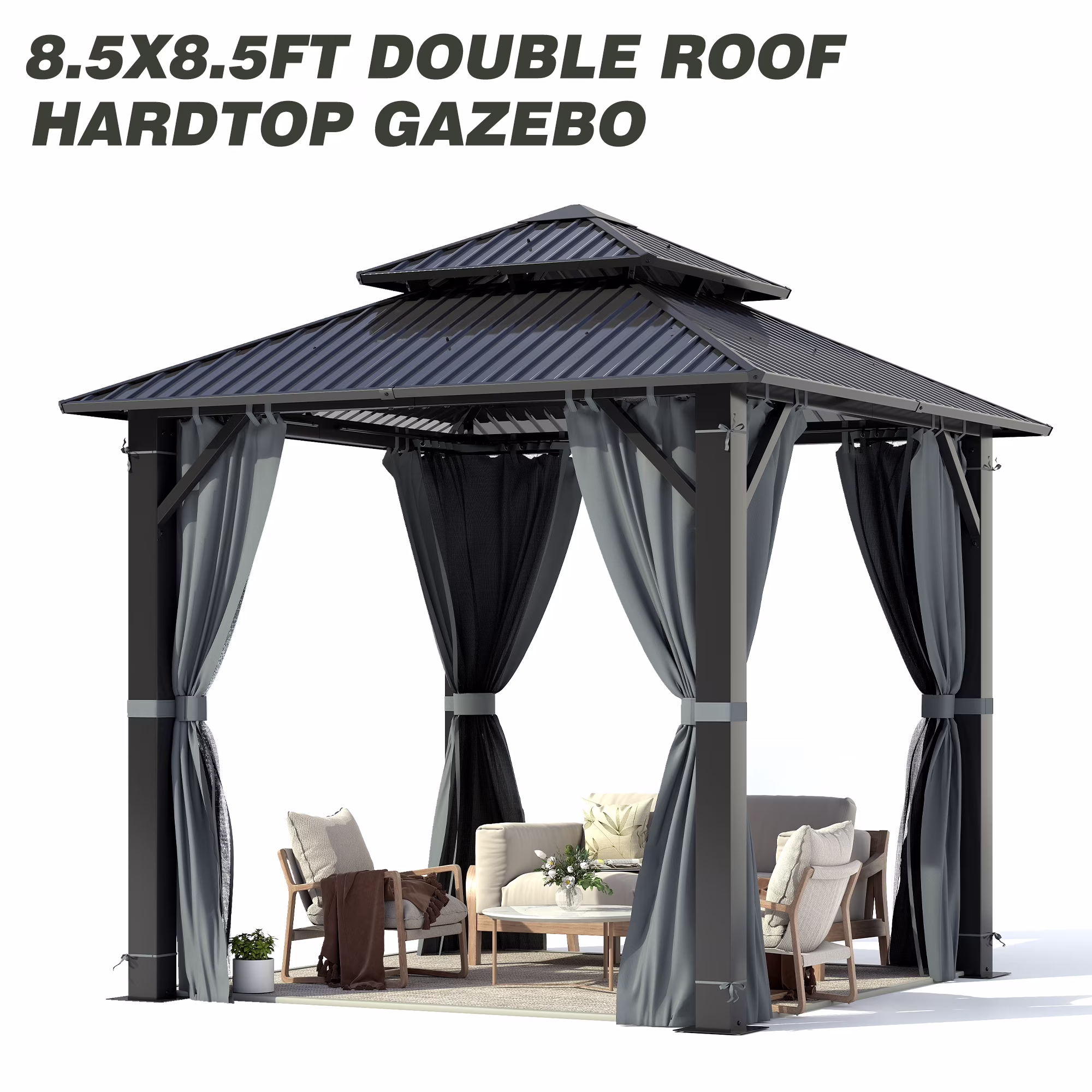 GARTOO 8.5 x 8.5 Ft. Outdoor Double Steel Roof Hardtop Gazebo, Patio Aluminum Frame Gazebos with Netting and Curtains for Garden, Backyard