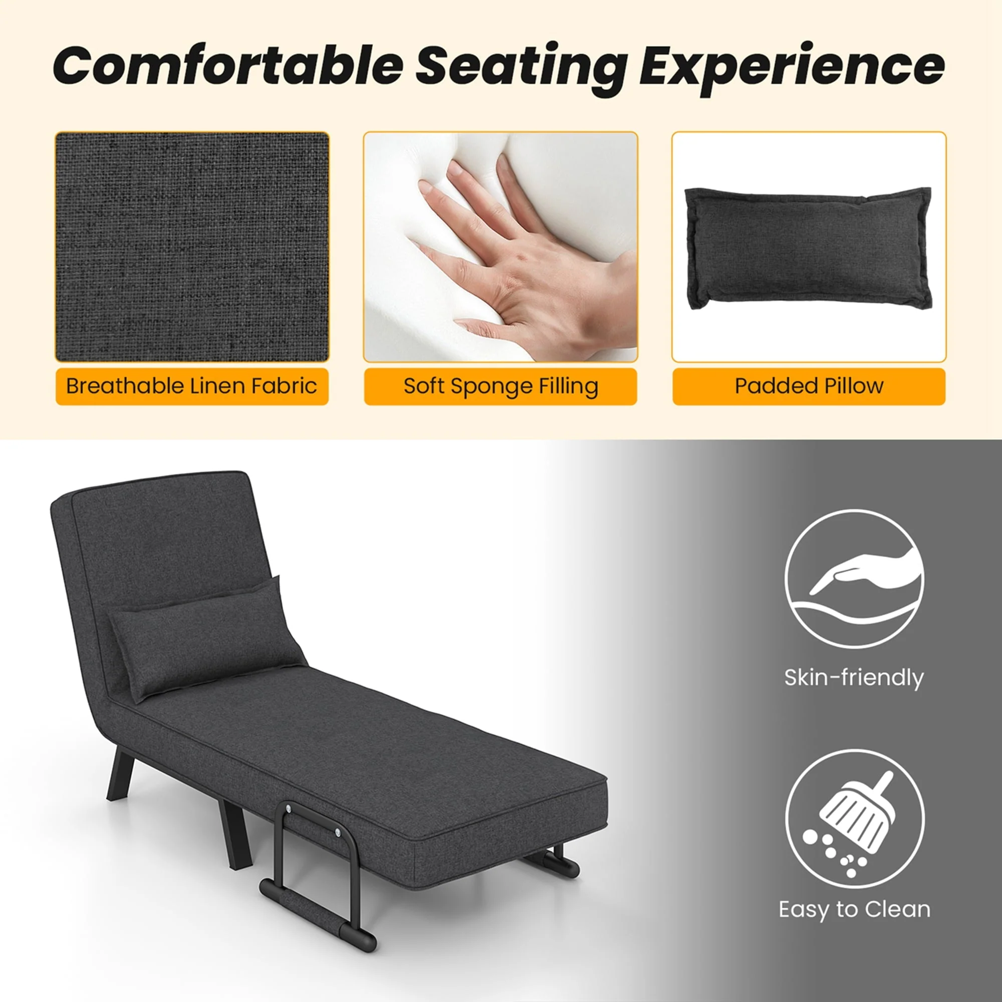 Folding 6 Position Convertible Sleeper Bed Armchair Lounge Couch w/ Pillow Gray(Blue) - Image 9