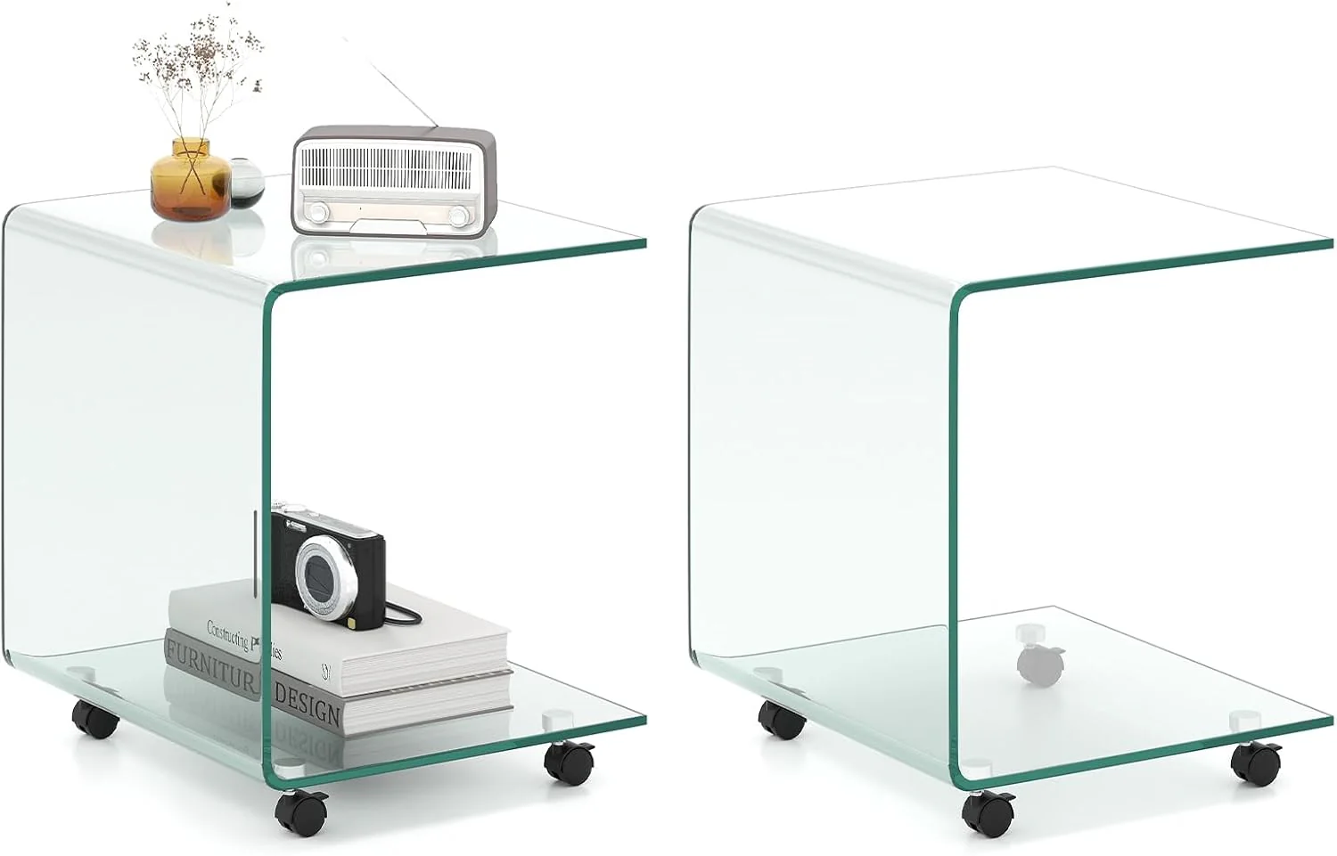 Tangkula Modern C-Shaped Tempered Glass Side Table