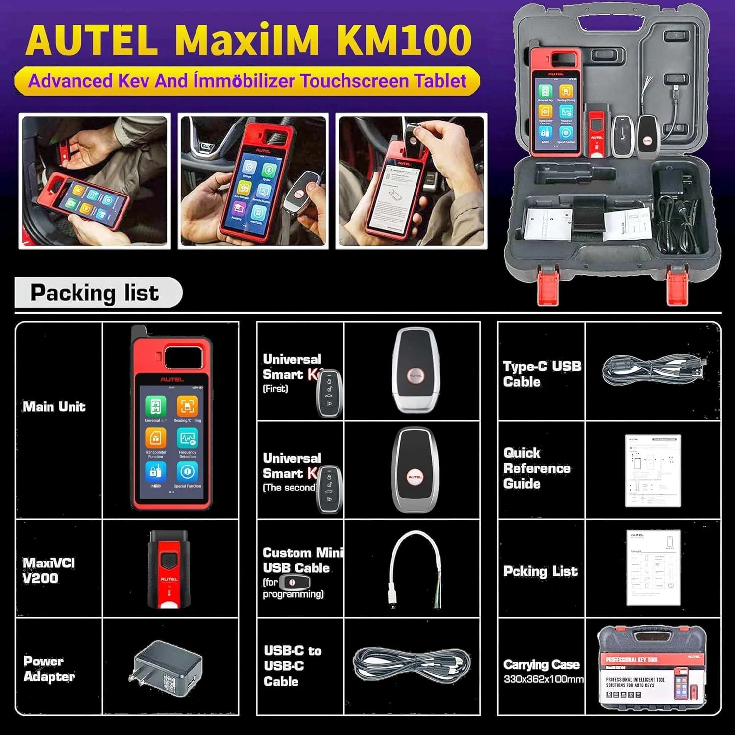 Autel Maxiim KM100 Key Fob Programmer Immobilizer Tool with 2pcs Blank IKEY 60s Key Generation OBD IMMO/Key Learning Transponder Editing Chip Read/Write/Clone Frequency Detection Lite IM508 IM608 PRO